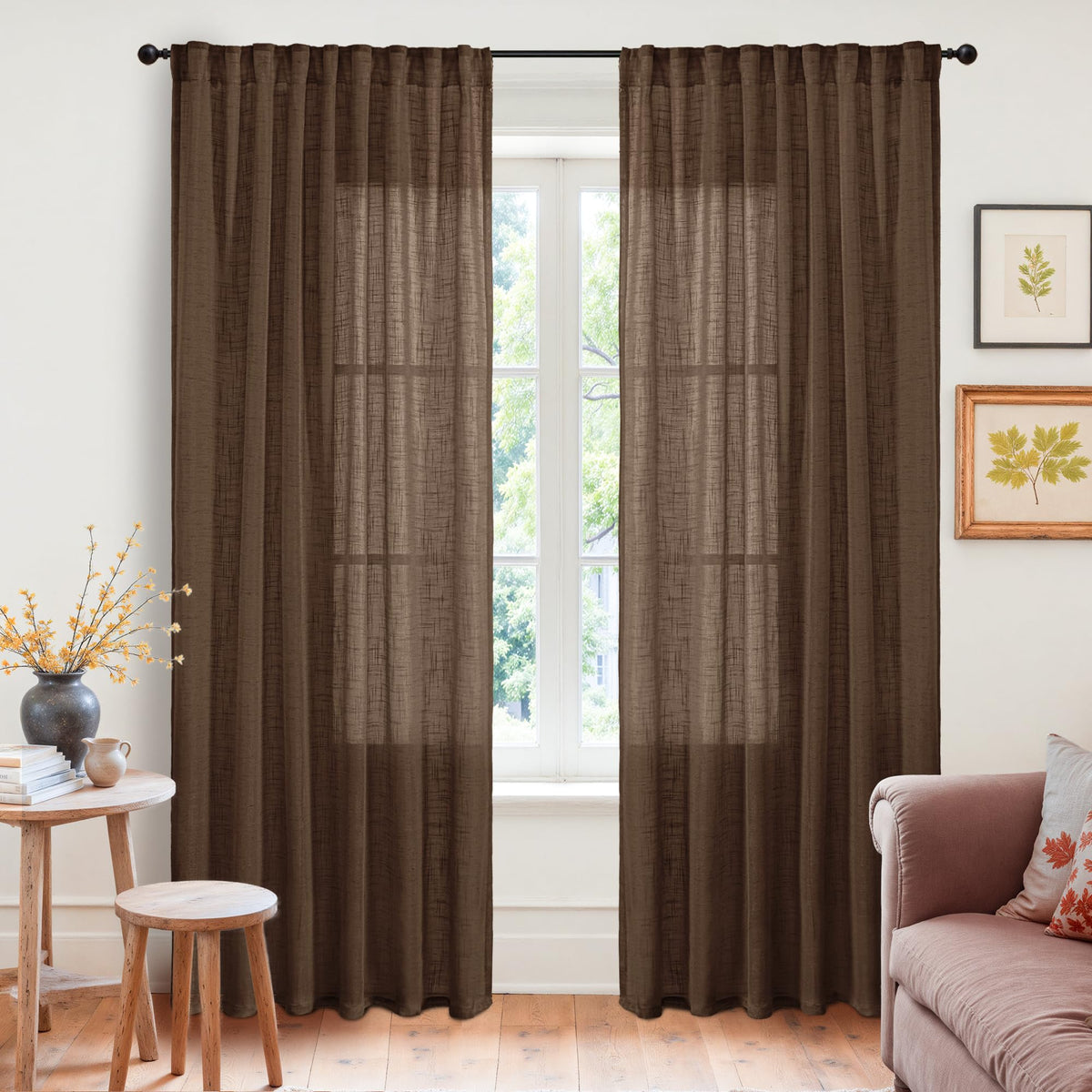 Brown Linen Curtains 80 Inch Length for Living Room (2 Count)