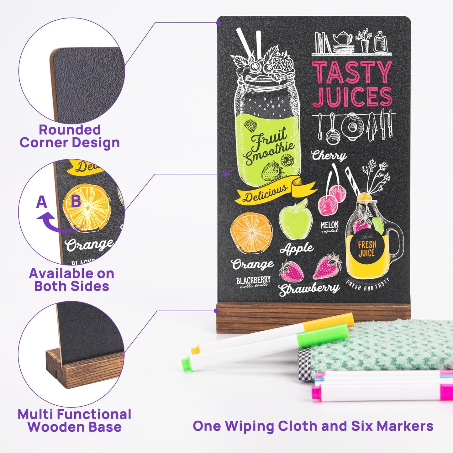 JEFURE 6Pcs Tabletop Chalkboard Sign, 7.8x5 Inch Double-Sided Message Boards, Blackboard with Base Stands for Coffee Shop, Restaurant, Home, Bar