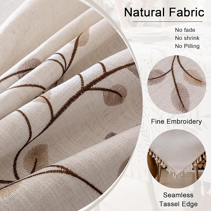 Joyfol Day Rectangle Linen Tablecloth, Heavy Duty Waterproof Tablecloths, Farmhouse Embroidery Leaves Table Cloth with Tassels, Soft Wrinkle Free Table Cover, Coffee Vines, 55''x 120''
