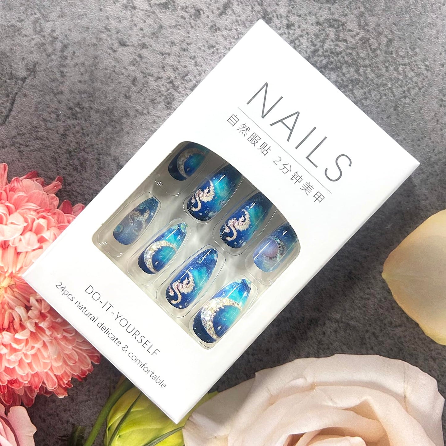 Dark Blue Starry Sky Press on Nails Almond Meduim Moon Planet Pattern Design Full Cover Glossy Acrylic Fake Nail Press Ons Artificial Handmade False Nail Reusable Glue on Nails for Women 24Pcs