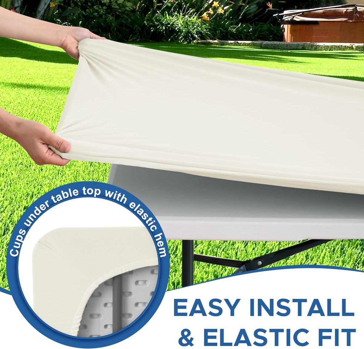 Fitted Tablecloth for 8 Foot Rectangle Tables-6 Pack Cream Elastic Outdoor Picnic Table Cover-Spandex Stretch Folding Table Cloths 8ft for Camping Dining Room Patio Kitchen Banquet Party