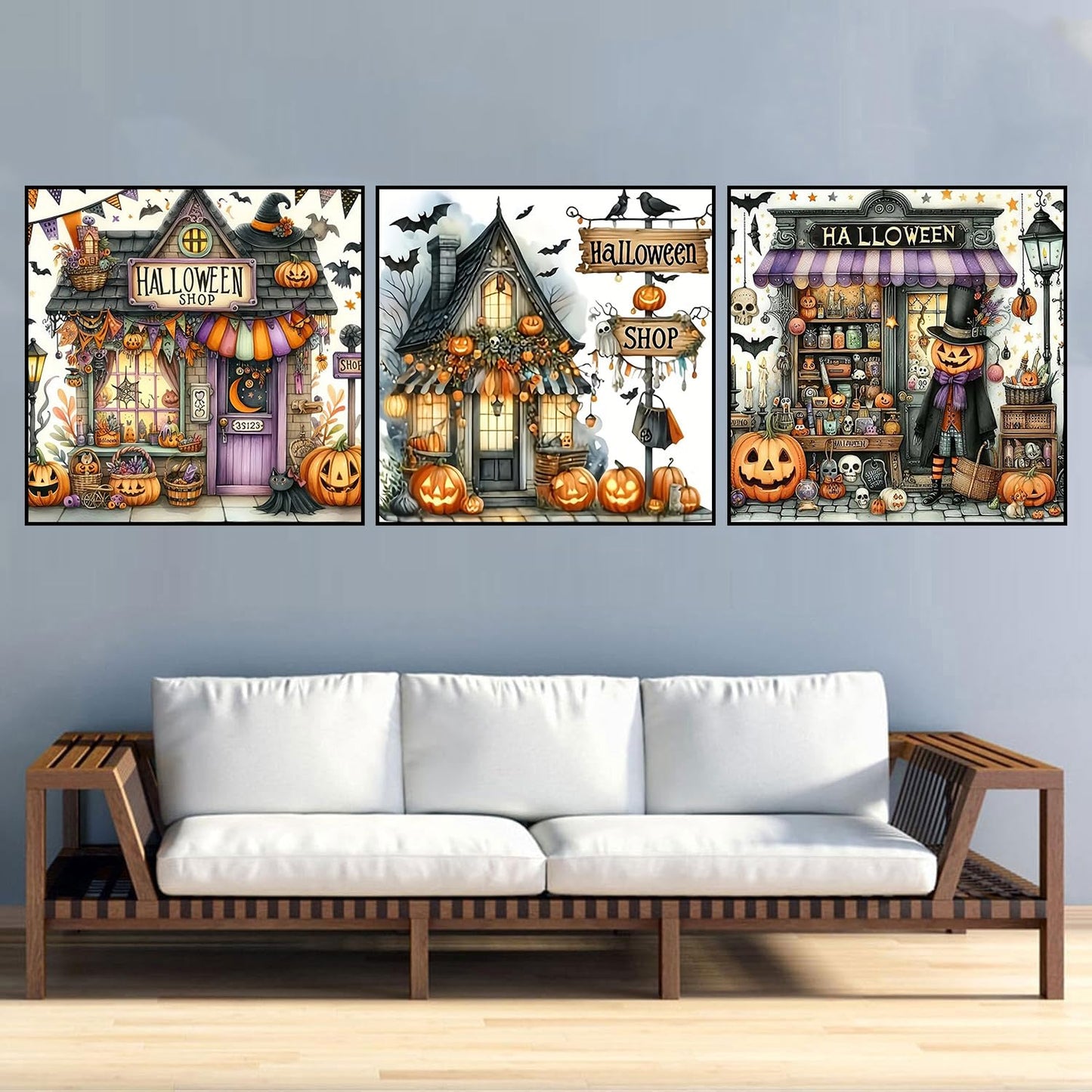 3 Pack Diamond Art Kits for Adults, Halloween Pumpkin Bat Shop Diamond Painting Kits for Adults, 5D DIY Round Full Drill Gem Art Paint With Diamonds Dots Crafts Kits for Home Decor Gift 14x14inch