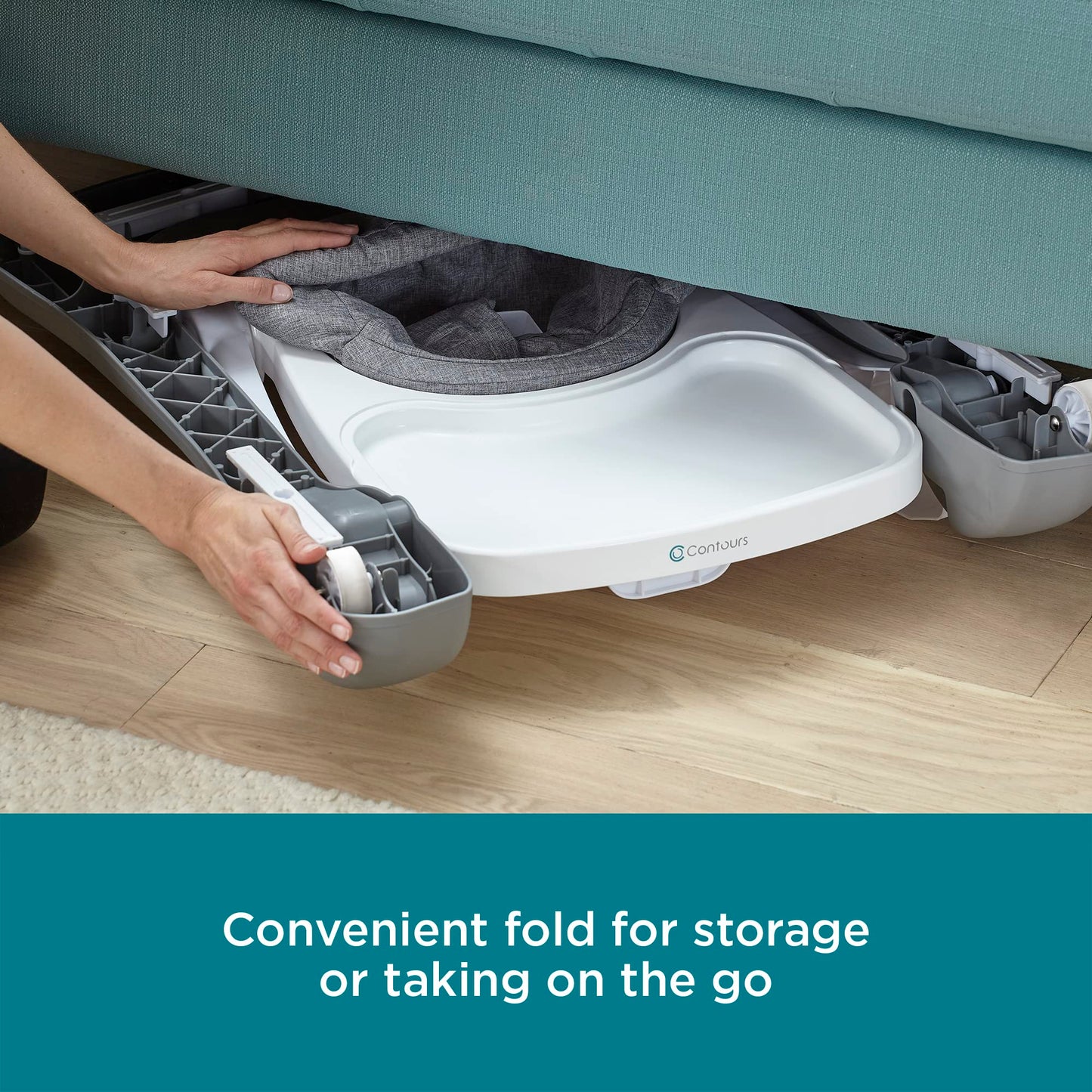 Contours Graze 2-in-1 Foldable Infant and Baby Push Walker, Seated or Walk-Behind Design, Removable and Washable Seat Pad and Snack Tray, Height Adjustable Seat Pad, Wide and Sturdy Frame - Gray/Teal