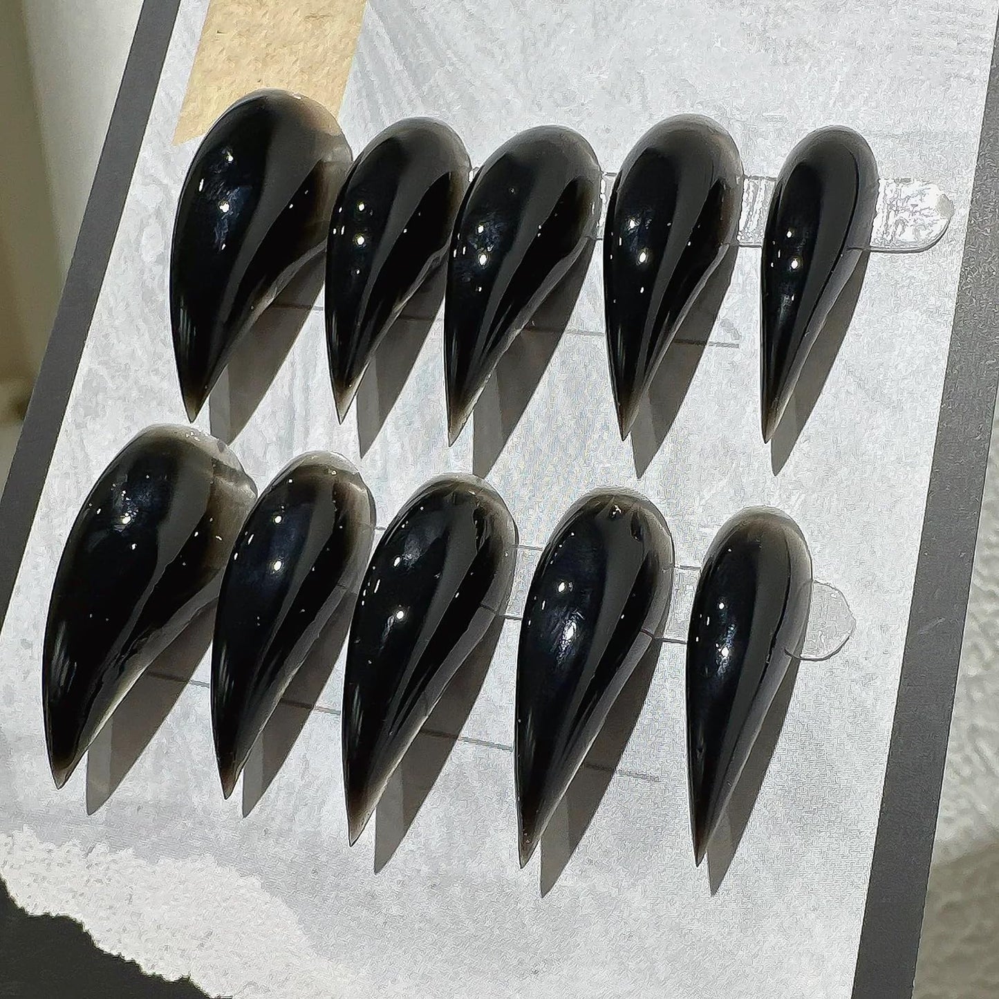 Luxury Press on Nails Medium Stiletto Handmade Eagle Claw Unique Reusable ABS Material Fake Nails Dragon Cat Claw False Nails with Designs Black Glossy Glue on Nail Curved Thick Acrylic Nail(M)