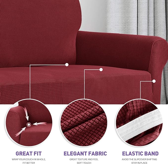 ZNSAYOTX Super Stretch Chair Slipcover Universal Sofa Chair Covers for Living Room Dogs Pet Furniture Protector Spandex Armchair Slipcovers with Anti Slip Foam Sticks (Wine Red, Chair)