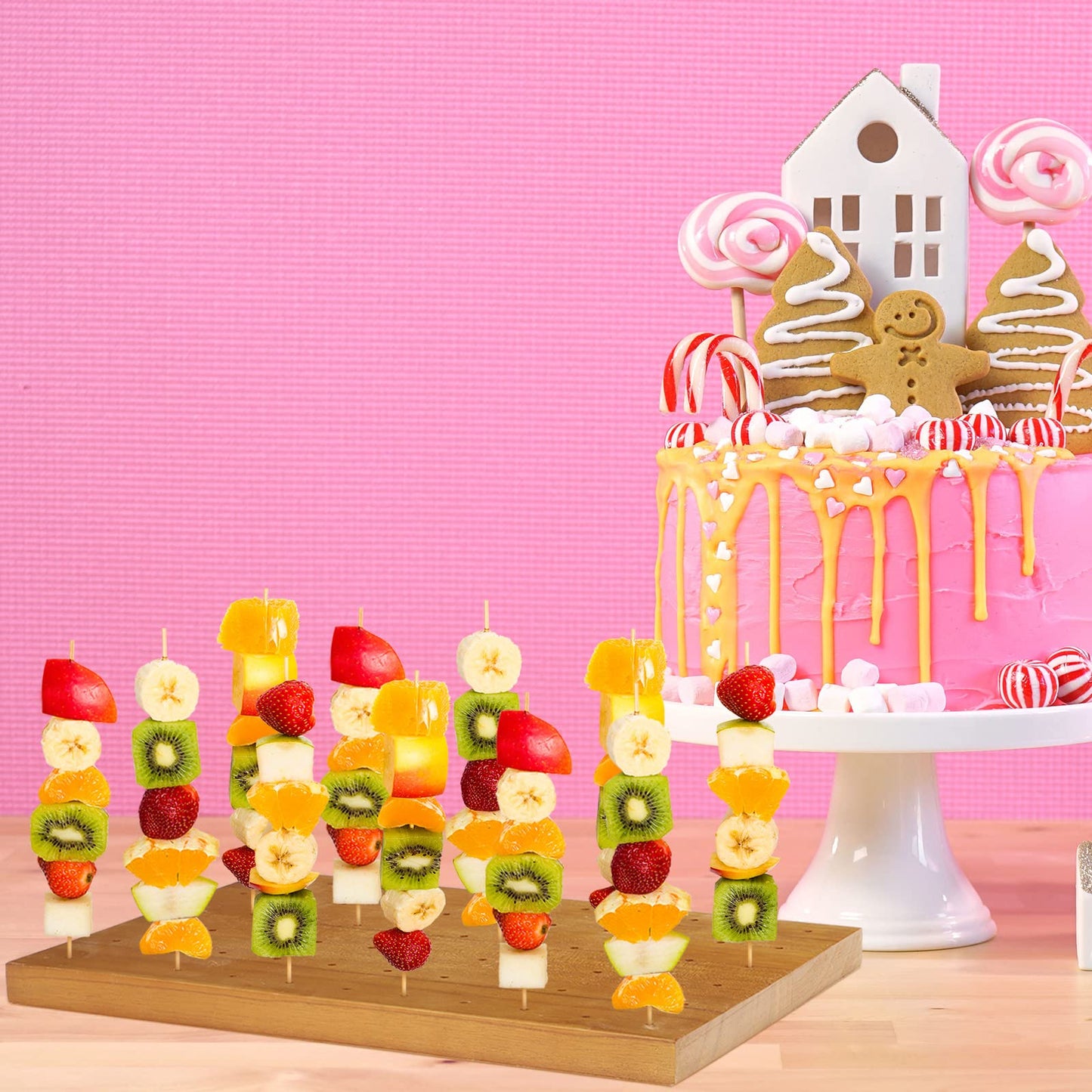 Wooden Food Skewer Holder Pick Stand and Display Holder Catering Appetizer Fruit Skewer Stand Food Display Rectangular Board with Holes for Catering(13.78 x 9.84 Inch,Rectangle Style)
