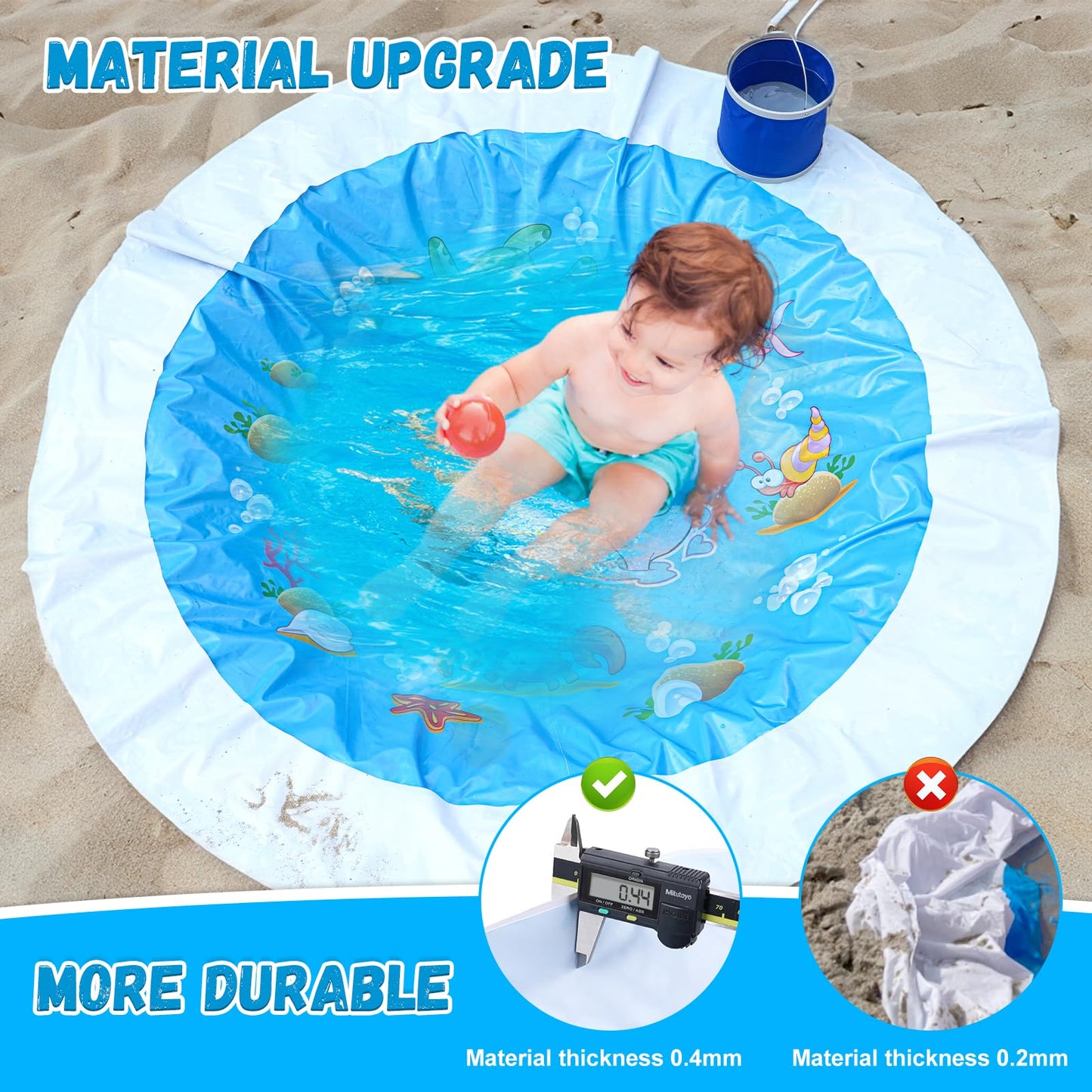Giveuplay 7.2 X 7.2 Feet Baby Beach Pool，Kiddie Pool and Beach Blanket，2 in 1 Toddler Paddling Pool，Beach Toys for Infant Kids Boys and Girls with Portable Water Bag 9L