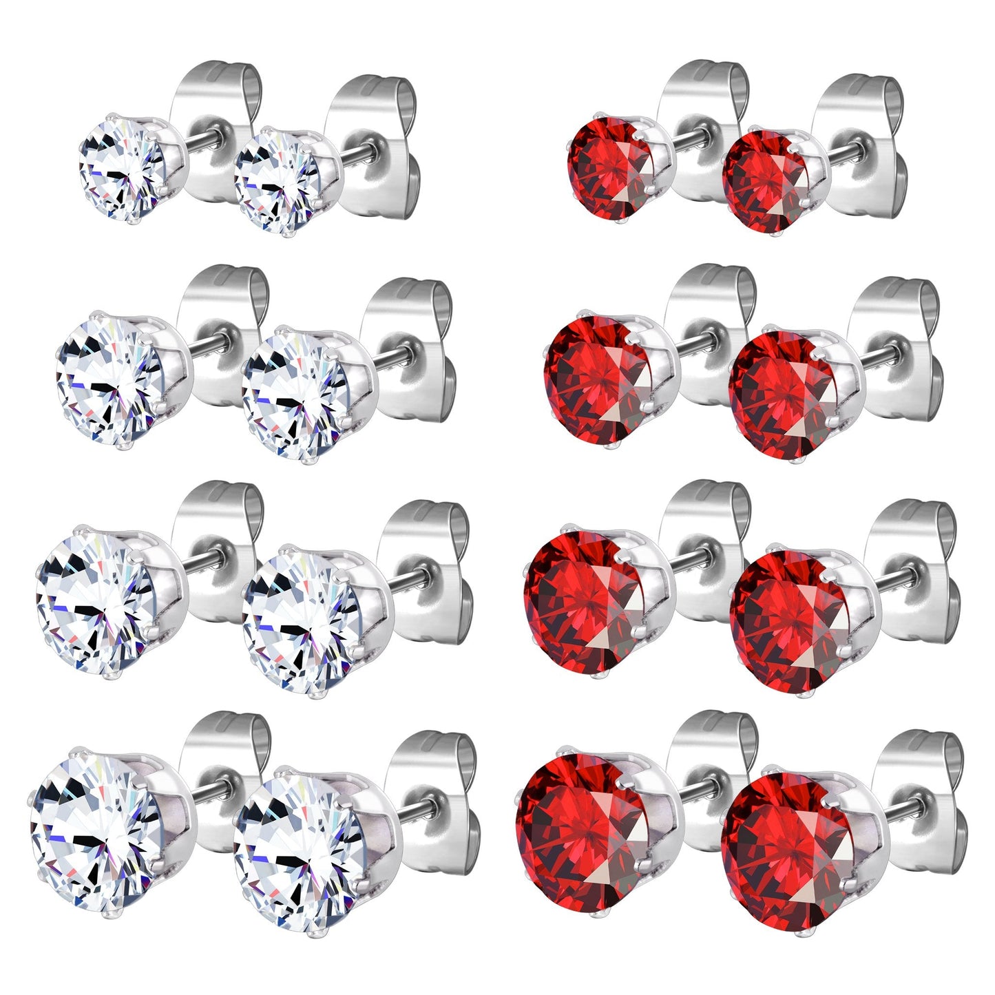 JewelrieShop Earrings for Women Studs Set Stainless Steel CZ Earing Hypoallergenic Multiple Piercing Ear Stud (8 pairs,4-8mm,White,Red CZ)