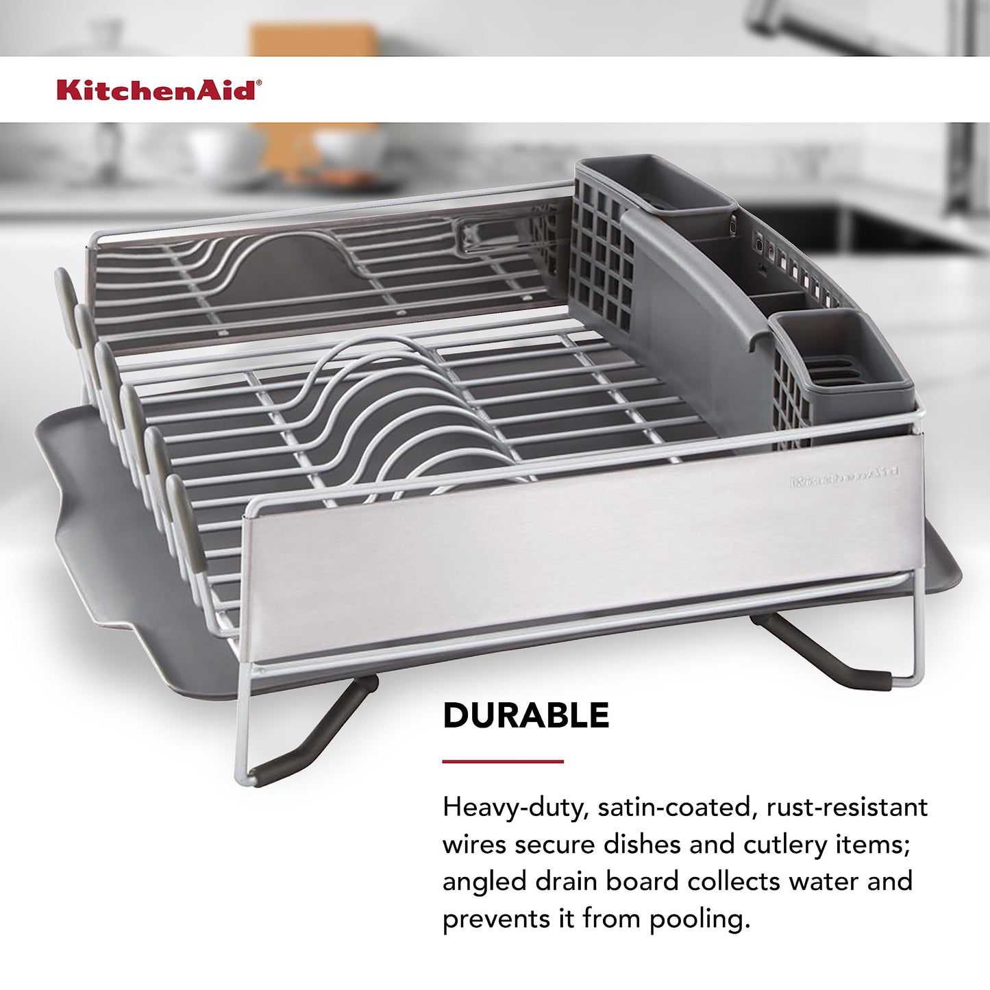 KitchenAid Compact, Space Saving Rust Resistant Dish Rack with Removable Flatware Caddy and Angled Self Draining Drainboard, 16.06-Inch, Black