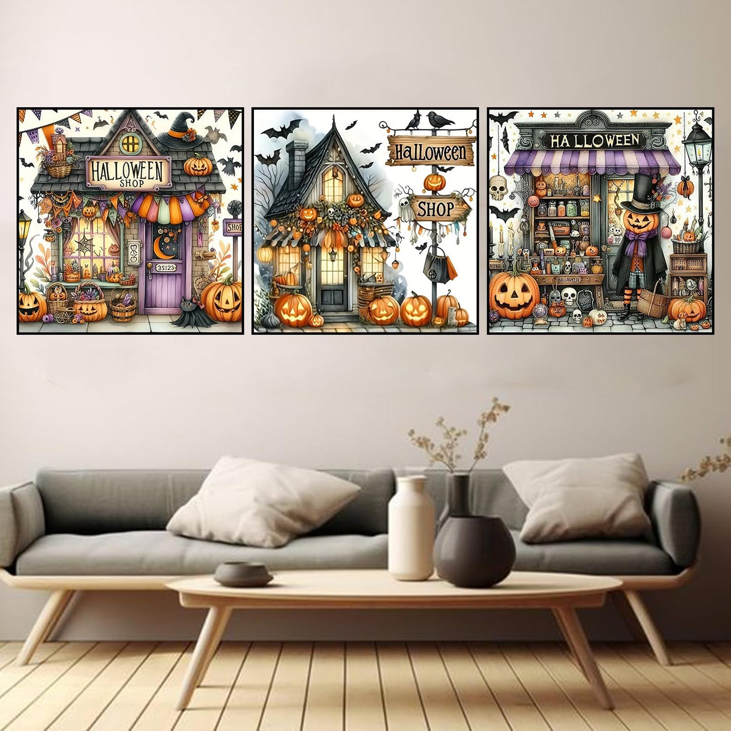 3 Pack Diamond Art Kits for Adults, Halloween Pumpkin Bat Shop Diamond Painting Kits for Adults, 5D DIY Round Full Drill Gem Art Paint With Diamonds Dots Crafts Kits for Home Decor Gift 14x14inch