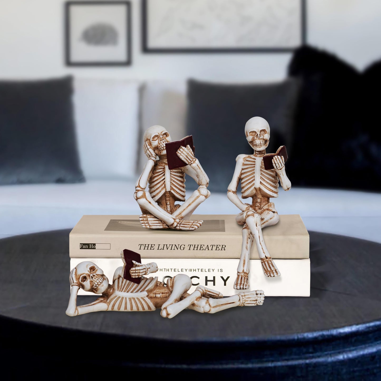 Dlfghos 3 Pieces Halloween Skeleton Statue Halloween Skull Figurine Home Decor Reading Skeleton Figurines Decorations for Indoor Fireplace Home Kitchen Desk Office Party