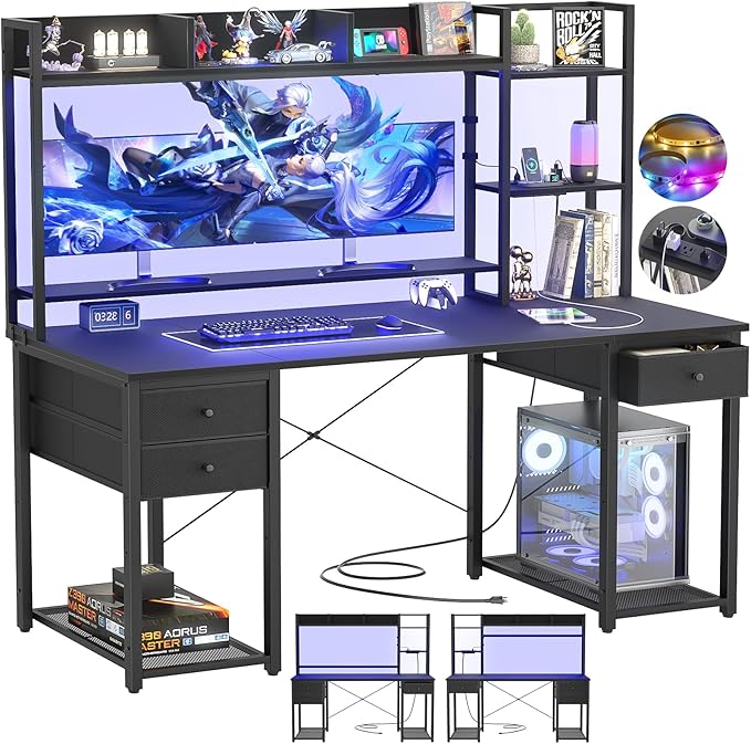 Aheaplus Desk with LED and Outlets, Gaming Desk with Hutch, 55.2'' Computer Desk with Drawers, Reversible Office Desk with Storage Bookshelf Large Workstation Desk with Shelf, Desk for Home, Black