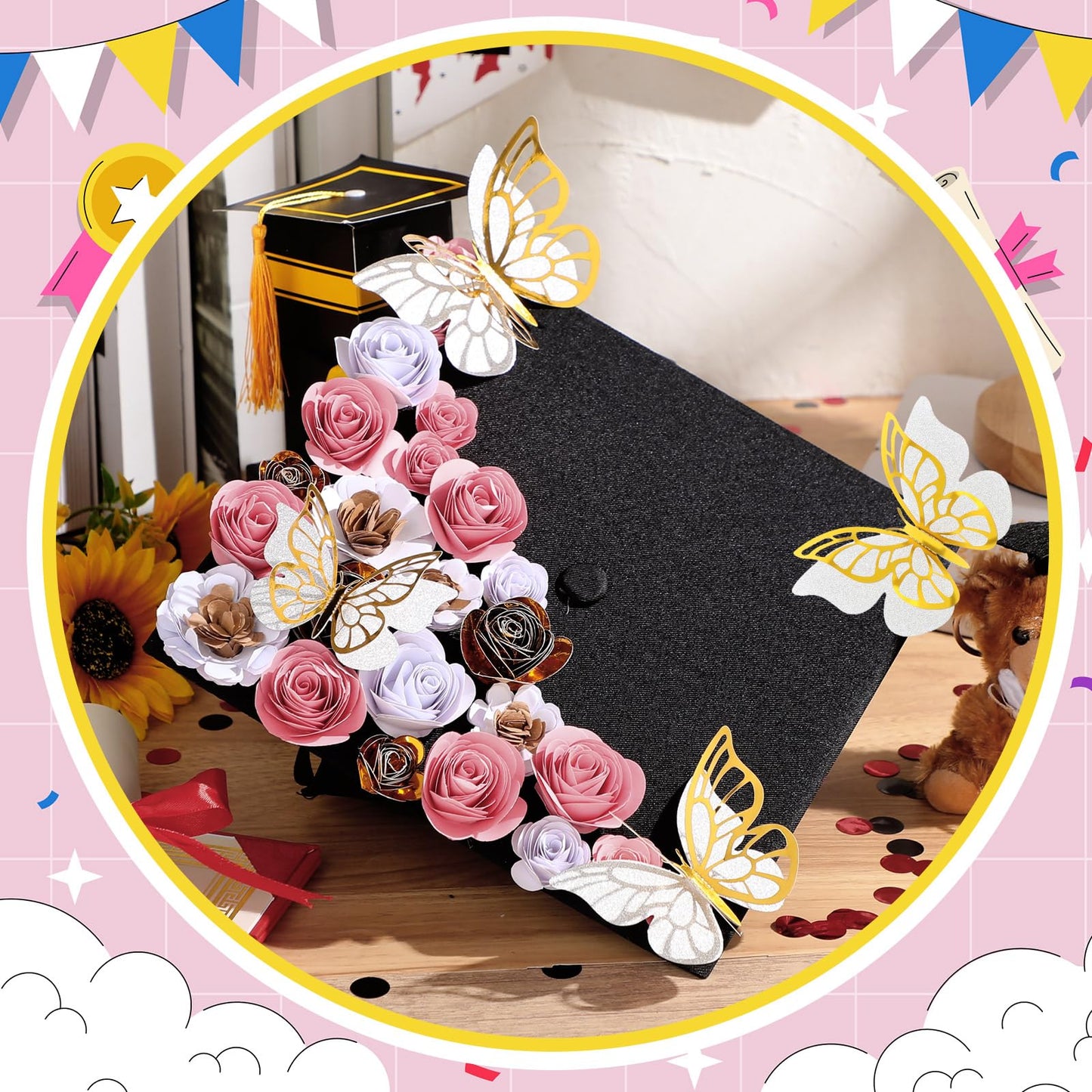Dinifee 36 Pcs DIY Graduation Cap Decorations Accessory Kit Include Faux Paper Flower Heads 3D Butterfly Grad Cap Mini Paper Flowers Decorations for Grad Cap Topper DIY Graduation Gift(Pink, Gold)