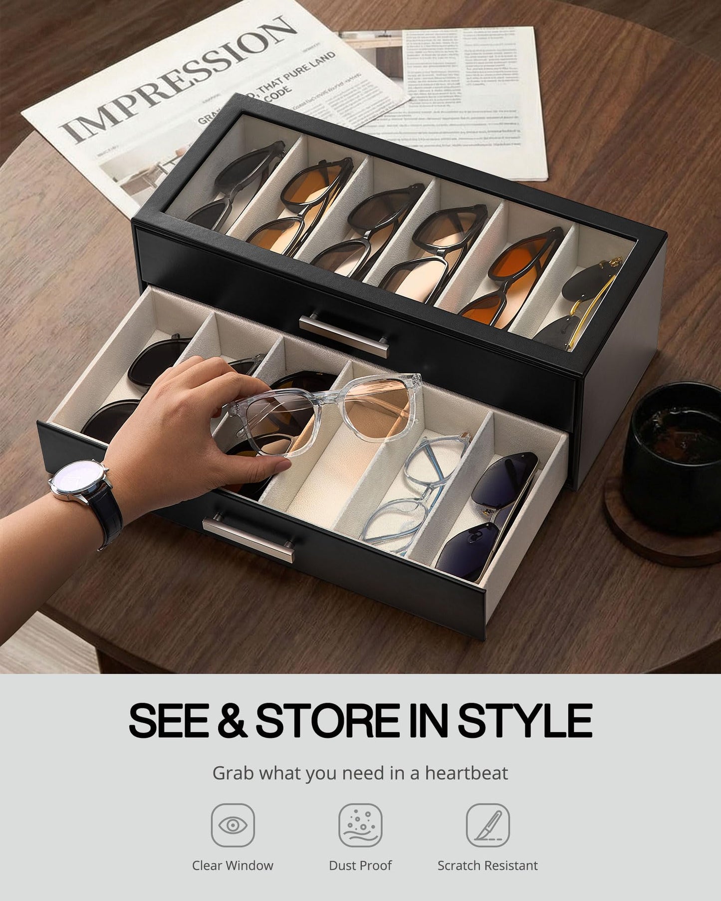 ProCase 24 Slots Sunglasses Organizer, 4-Layer Eyeglass Holder with Clear Glass Lid, PU Leather Glasses Storage Display Case for Men Women -Black