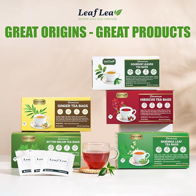 LeafLea 100% Pure Ginger Root Tea Bags – Spicy & Warming Herbal Tea, Supports Digestion & Immune Health, Individually Wrapped, Non-GMO, Caffeine Free, Sugar Free, No Gluten