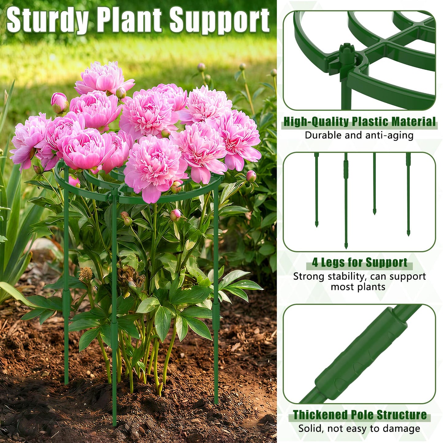4 Pack Peony Cages and Supports, 11.8" D x 25" H Plant Supports for Outdoor Plants, Peony Support Cage Flower Support Rings, Plant Support Ring for Rose Tomato Hydrangea Strawberry