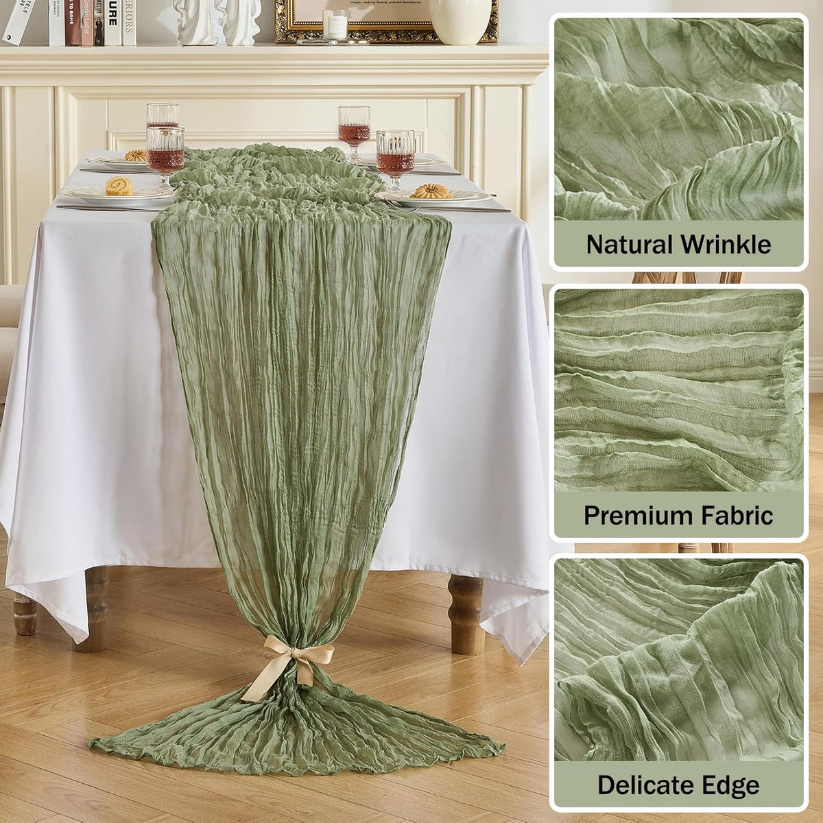 Fanami 6 Pack Cheesecloth Table Runner -10FT Sage Green Boho Gauze Cheese Cloth Table Runner 120 Inches Long Rustic Sheer Fabric Centerpieces for Wedding Birthday Party Bridal Baby Shower Decorations
