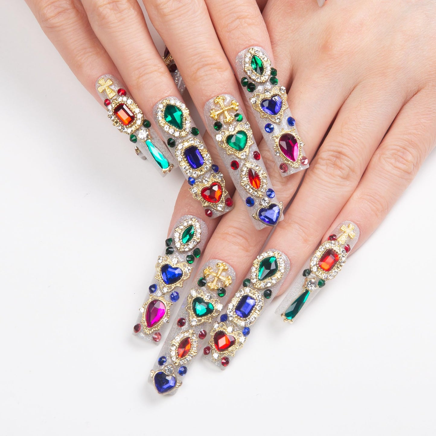LOVFUL Press on Nails Treasure Trove Rhinestone | Handmade with Full Covered Crystals | Reusable Full Cover Nails | Square Mid length 1.7 in | H103-M