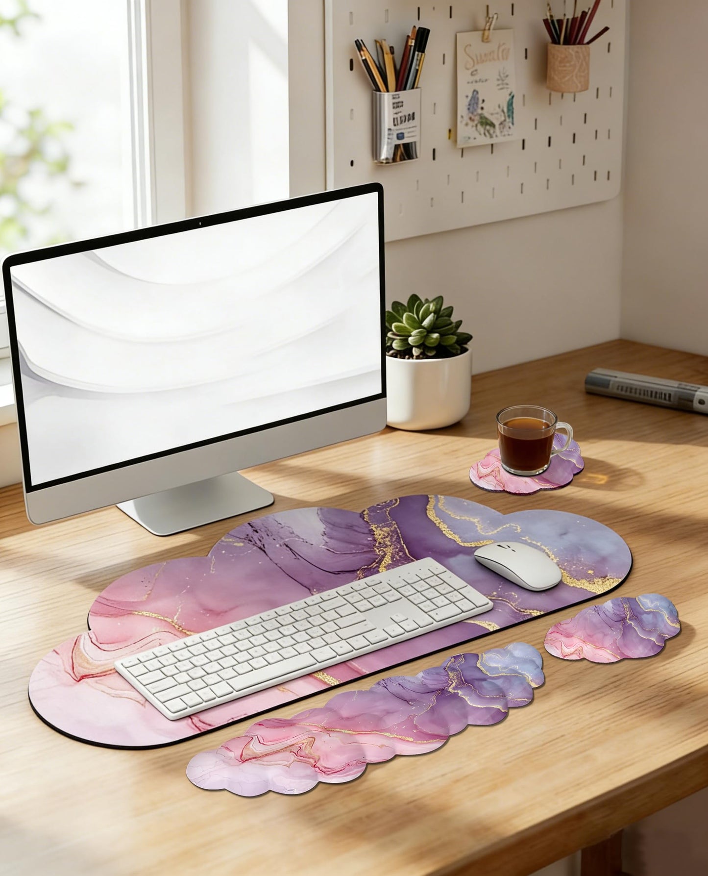 JIKIOU Large Cloud Mouse Pad Waterproof with Cloud Keyboard Wrist Pad and Cloud Mouse Wrist Pad Set, Ergonomic Computer Desk Wrist Support Mousepad for Keyboard and Mouse 35.4x15.7in Marble Pink