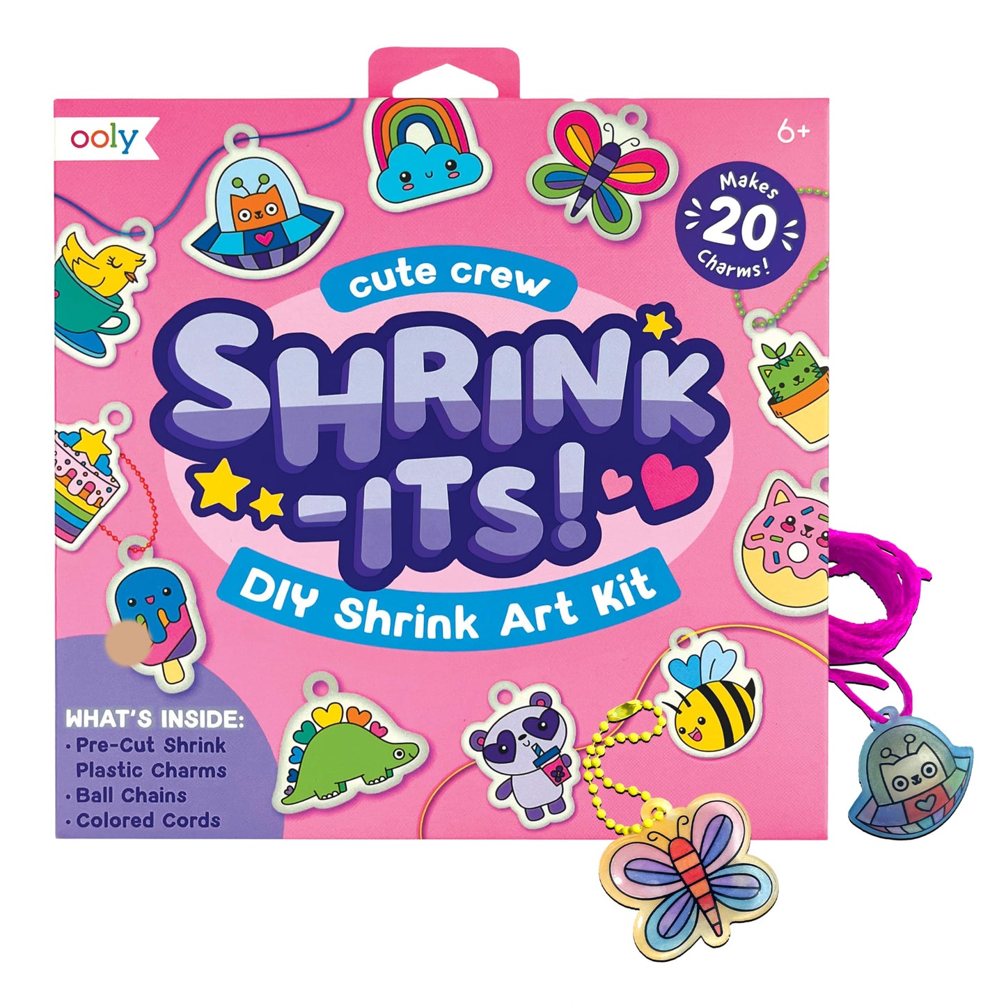 Ooly 28 PC DIY Shrinking Art Kit for Kids, 20 Plastic Pre Cut Charms and More, No Mess Creative Activity Jewelry Making Kit - Cute Crew