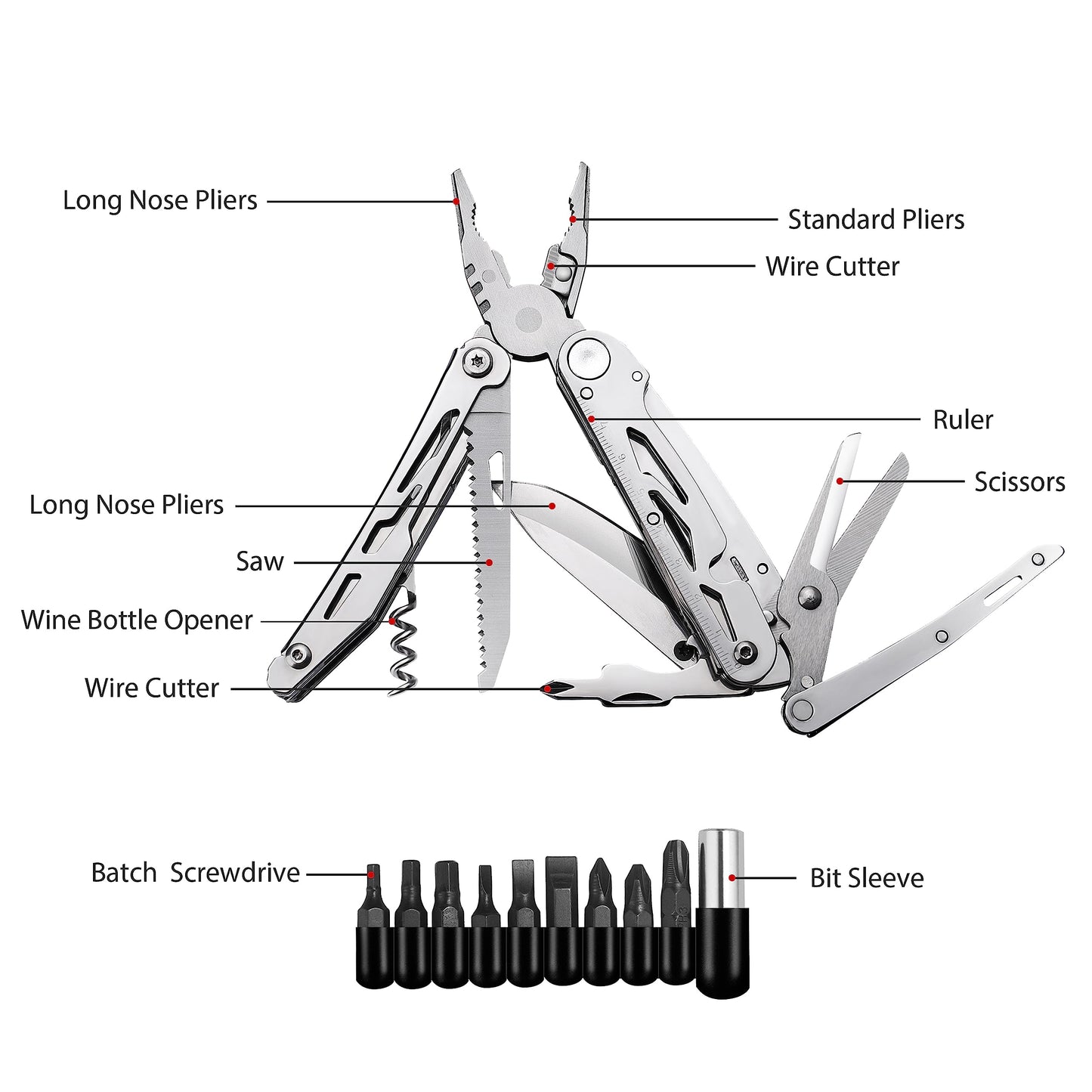 RoverTac Multi Tool Pocket Knife Tactical Camping Survival Knife Gifts for Men Dad Husband 18 in 1 Multitool Pliers Scissors Saw Corkscrew Bottle Opener 9-pack Screwdrivers Safety Lock Nylon Sheath