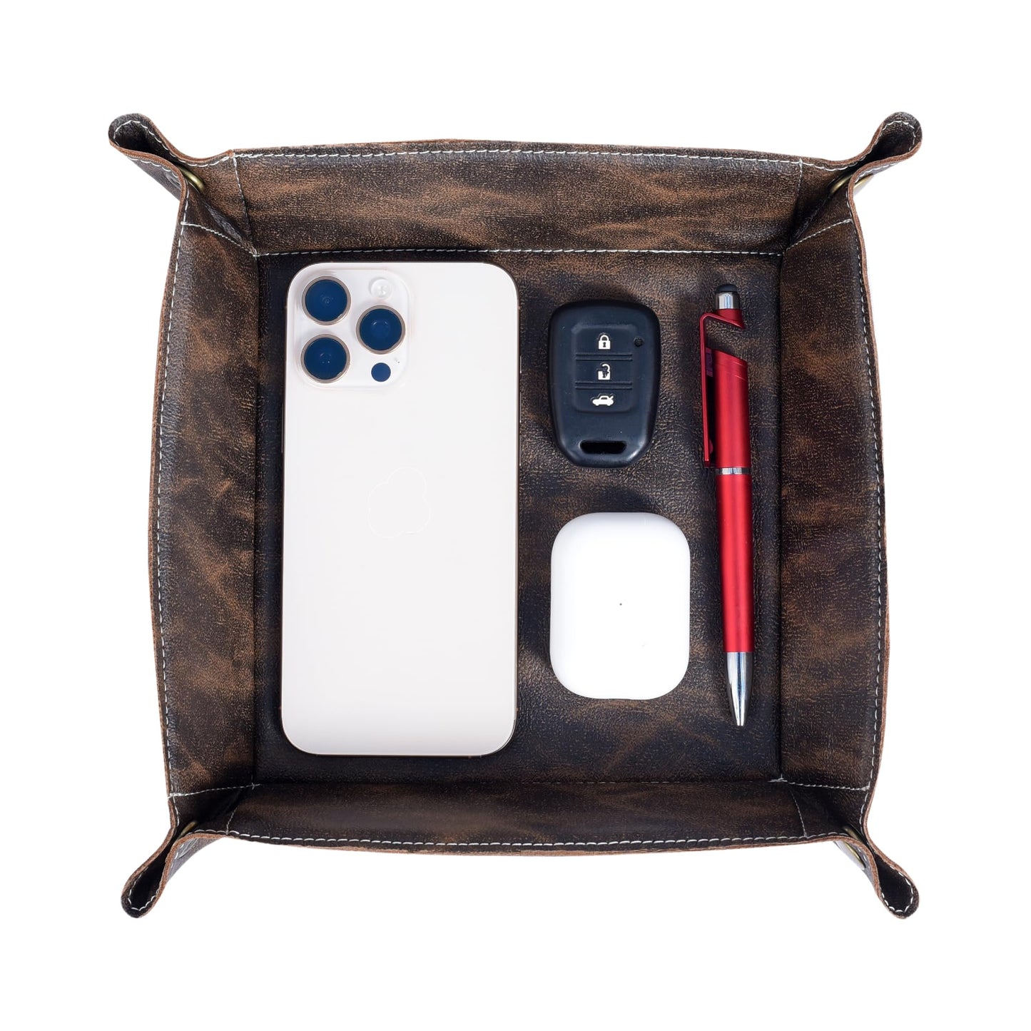 DEMHAAS Valet Tray Organizer – Foldable Jewelry & Catchall Tray for Keys, Phone & Wallet – Double-Sided Faux Leather with Rubber Padding – Desk & Nightstand Organizer (Espresso Brown)