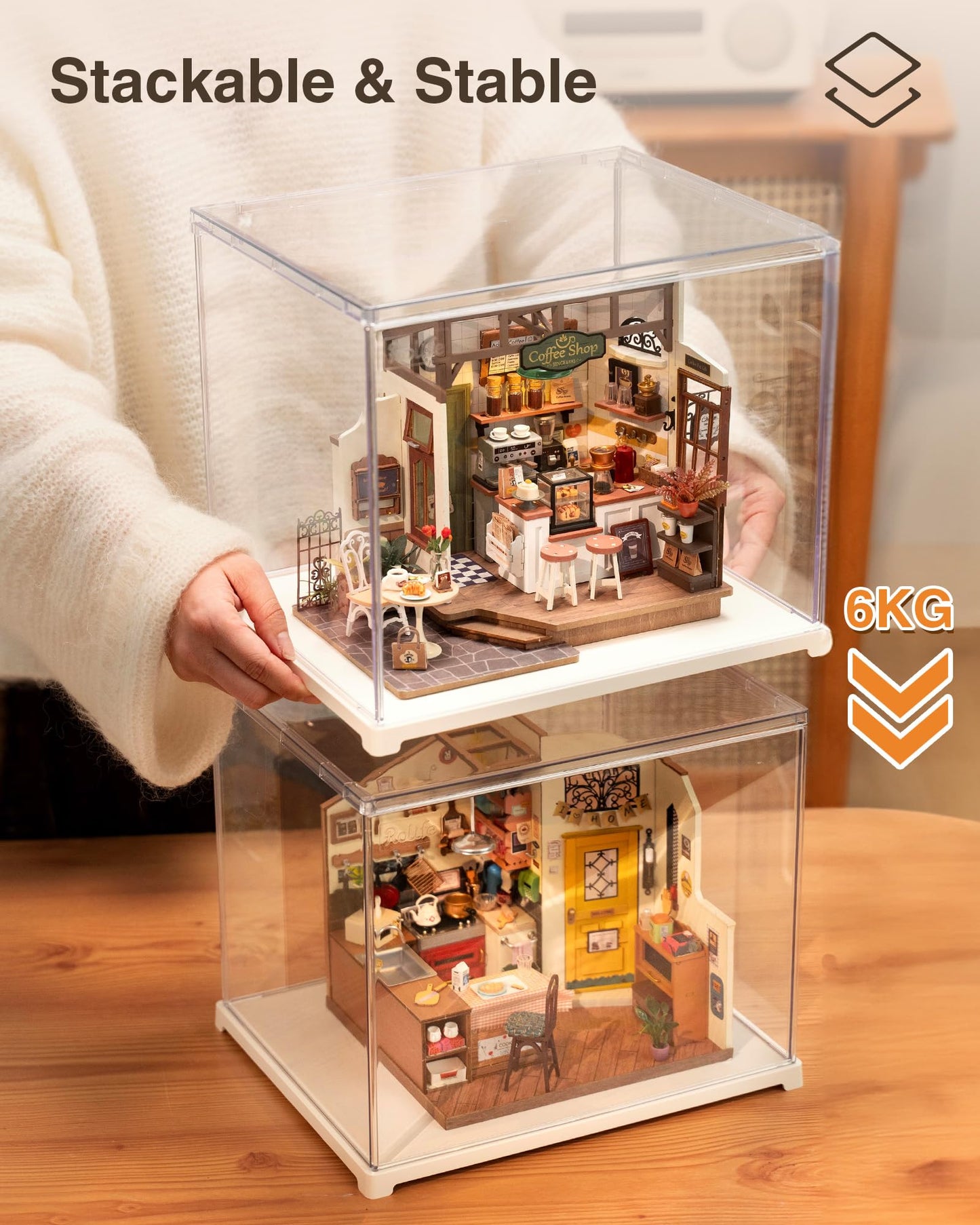 Rolife Acrylic Display Case Dust Cover for Collectibles, Stackable Showcase Dustproof Protection with White Base with Door for Shoes,Books,Toys,Collectibles Memorabilia Figurines(11.3''x9.6''x9.3'')