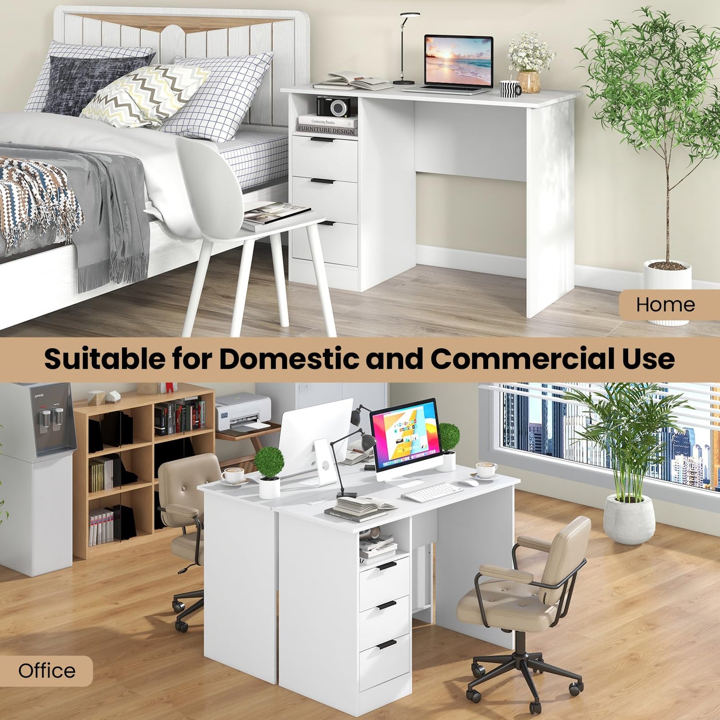 Tangkula White Desk with 3 Drawers & Charge Station, Home Office Desk with Open Shelf, Study Writing Desk, PC Desk Computer Workstation, Modern Computer Desk for Bedroom, Study