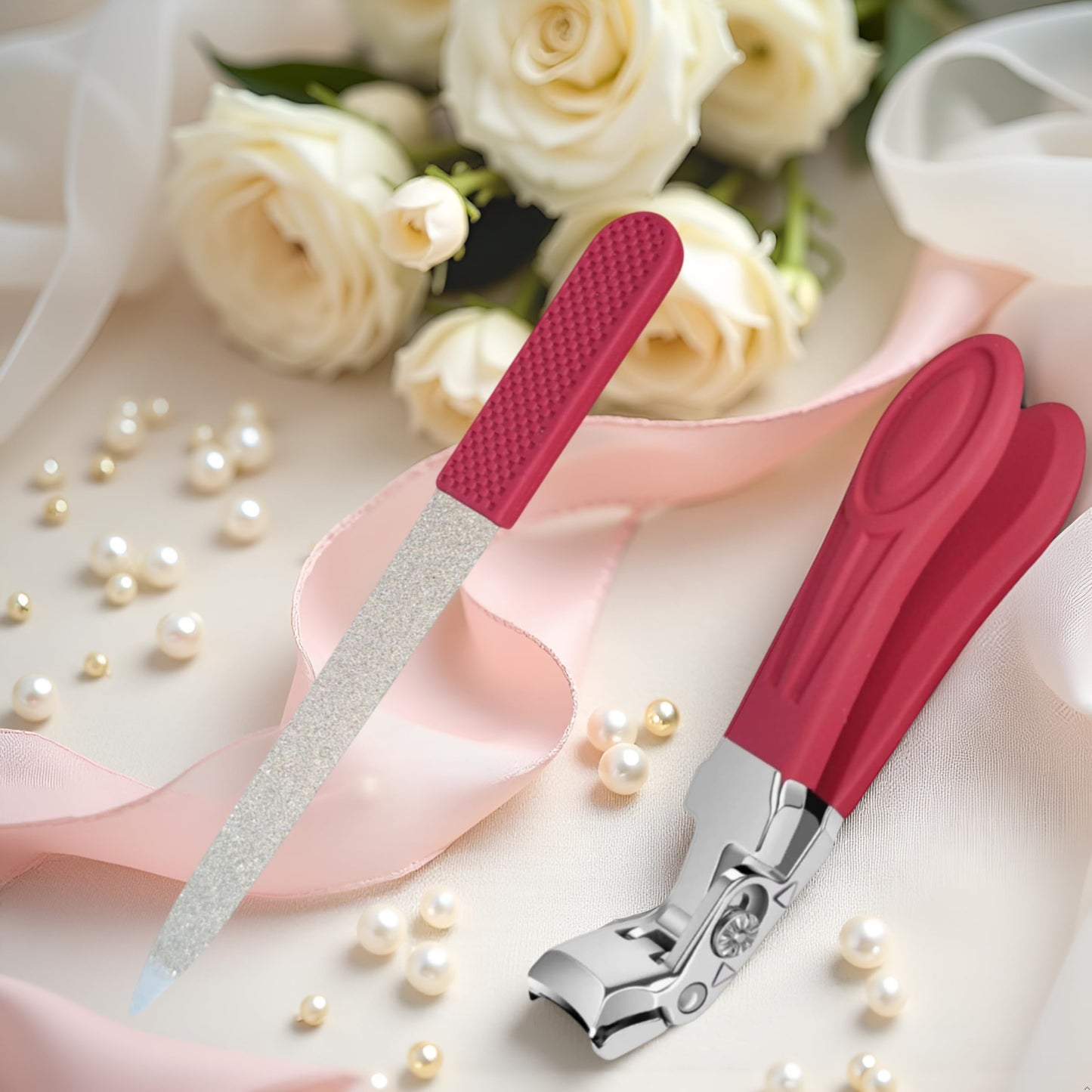 Professional Ruby Red Angled Nail Clippers for Seniors – 5'' Elegant Thick Toenail Clipper with Nail File, Ultra-Sharp Blades, Nail Catcher, Easy Grip & Safe Home Manicure & Pedicure Care Tool