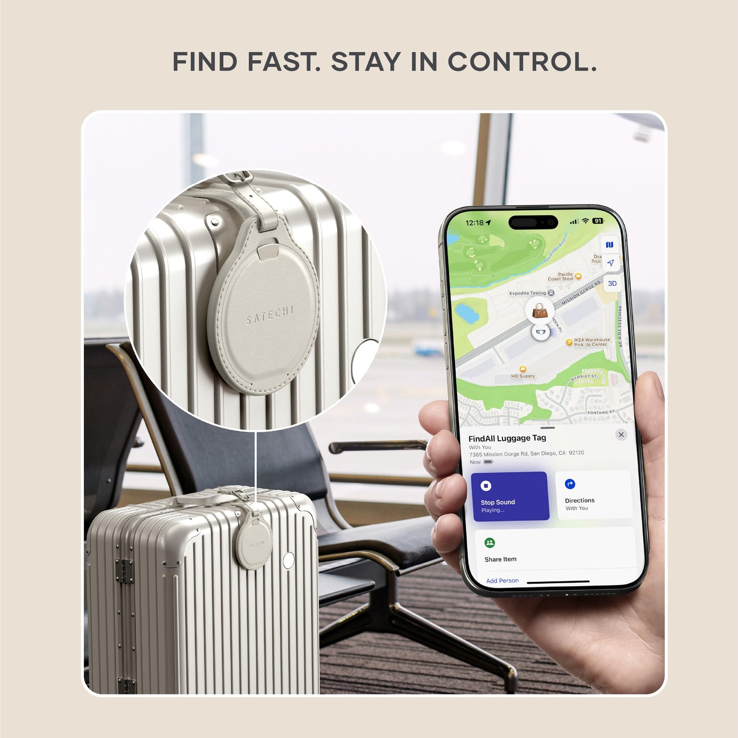 Satechi FindAll Smart Luggage Tag with Find My, TSA-Friendly, Airport Tracking, Left-Behind Alerts, Loud Audible Chime, Wireless Rechargeable, Works with iPhone, iPad, Mac – Sand