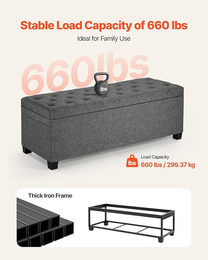 VEVOR Storage Ottoman Bench, End of Bed Bench with 2 Side Bags, Fabric Upholstered with Metal Frame, Toy Box Storage, Bed Benches for Foot of Bed, Bench for Entryway, Living Room, Playroom, Gray