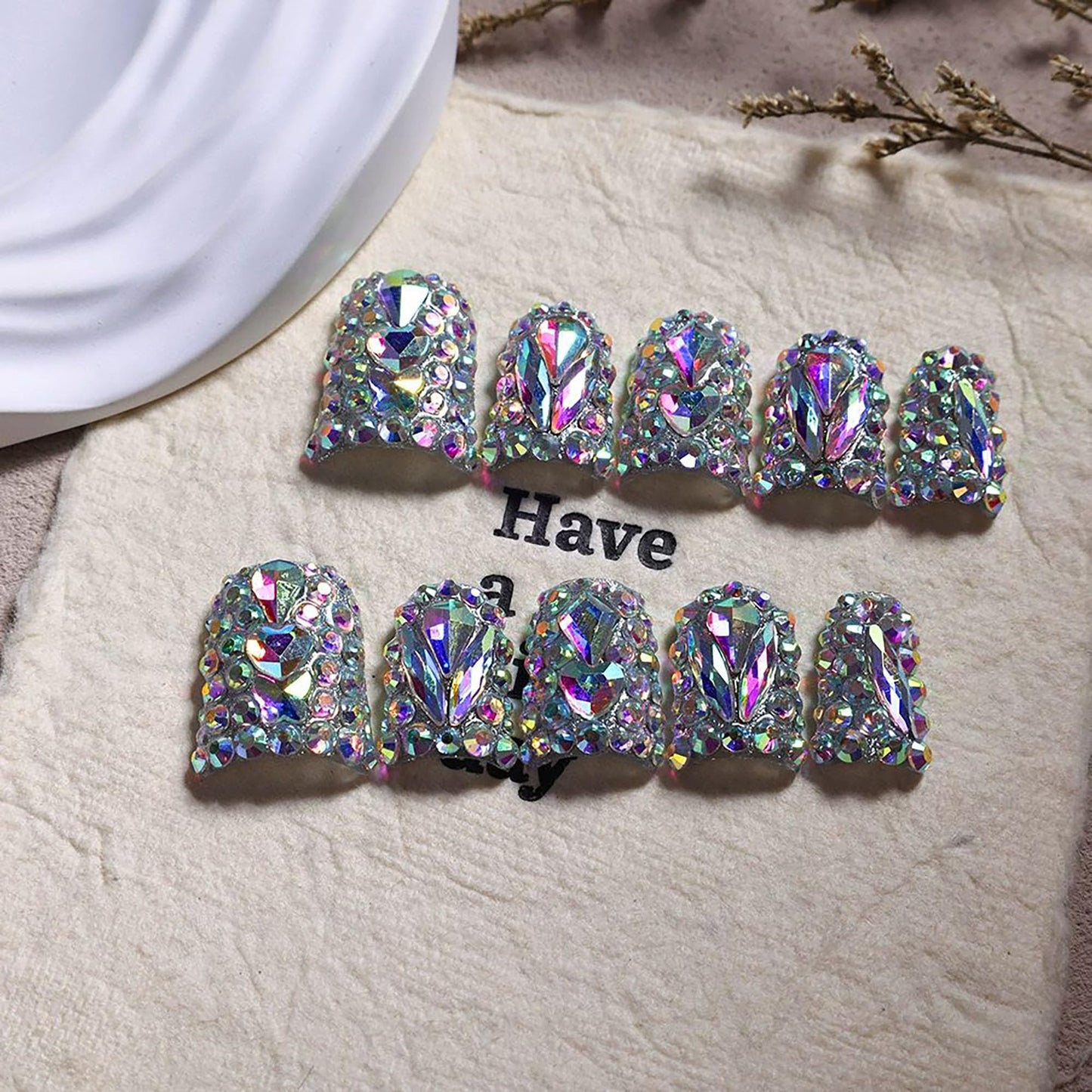 Qicaijia Short Press on Nails Duck Handmade Fake Nails Sparkly Rhinestones Full Cover False Nails with Designs Luxury Reusable Glue on Nail for Women 10Pcs(Size M)
