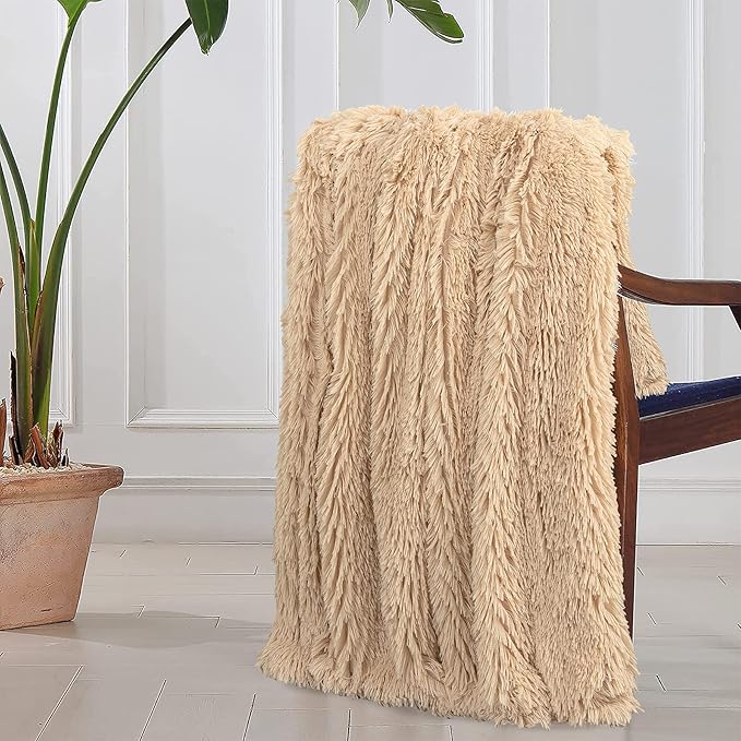 Tuddrom Decorative Extra Soft Faux Fur Throw Blanket 50"x60",Solid Reversible Fuzzy Lightweight Long Hair Shaggy Blanket,Fluffy Cozy Plush Fleece Comfy Microfiber Blanket for Couch Sofa Bed,Apricot