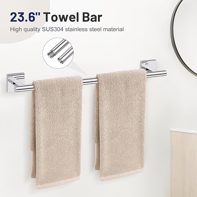10 Pieces Polished Chrome Towel Bar Set, 23.6 Inch Bathroom Accessories Set SUS304 Stainless Steel Bathroom Hardware Set Towel Racks for Bathroom Wall Mounted.