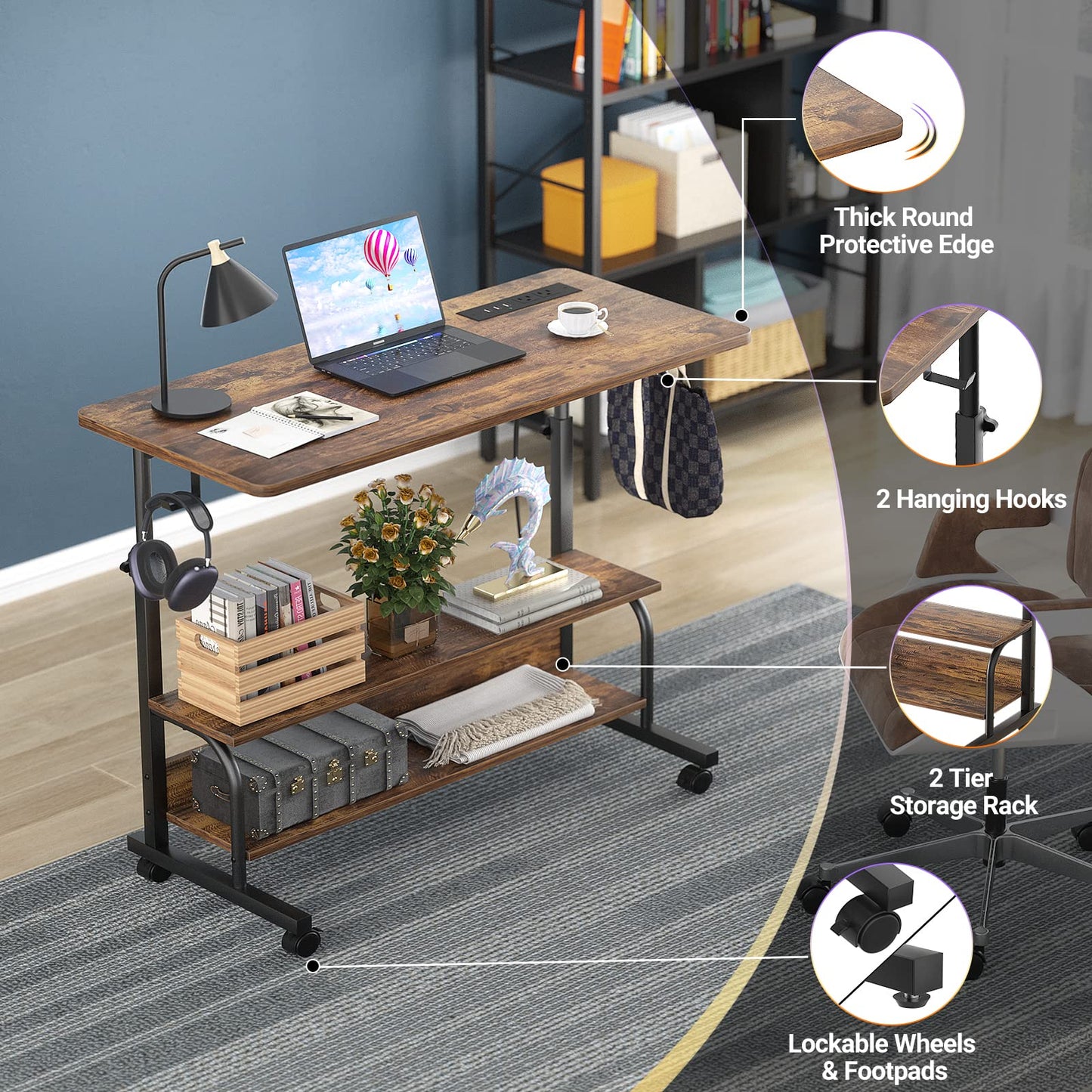 Armocity Rolling Standing Desk with Power Outlets, 32" Manual Height Adjustable Mobile Computer Desk with Wheels, Small Portable Sit Stand Laptop Couch Table for Bed & Sofa Home Office, Rustic Brown