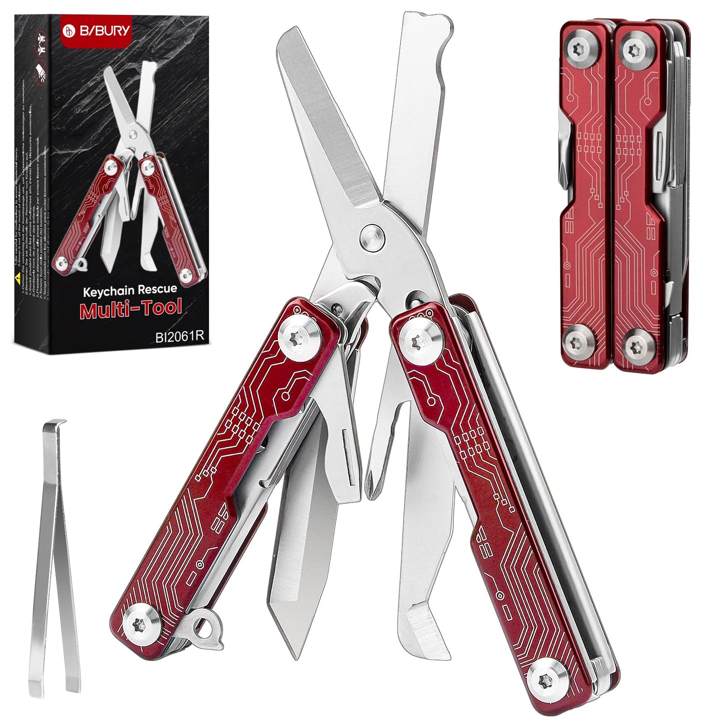 BIBURY Mini Keychain Multitool Scissors BI2061R, 9 in 1 Multitool EDC Scissors with Screwdriver, Bottle Opener, Pocket Knife, Spring -Mini Multi Tool for Outdoor, Daily Use, Gifts for Men and Women