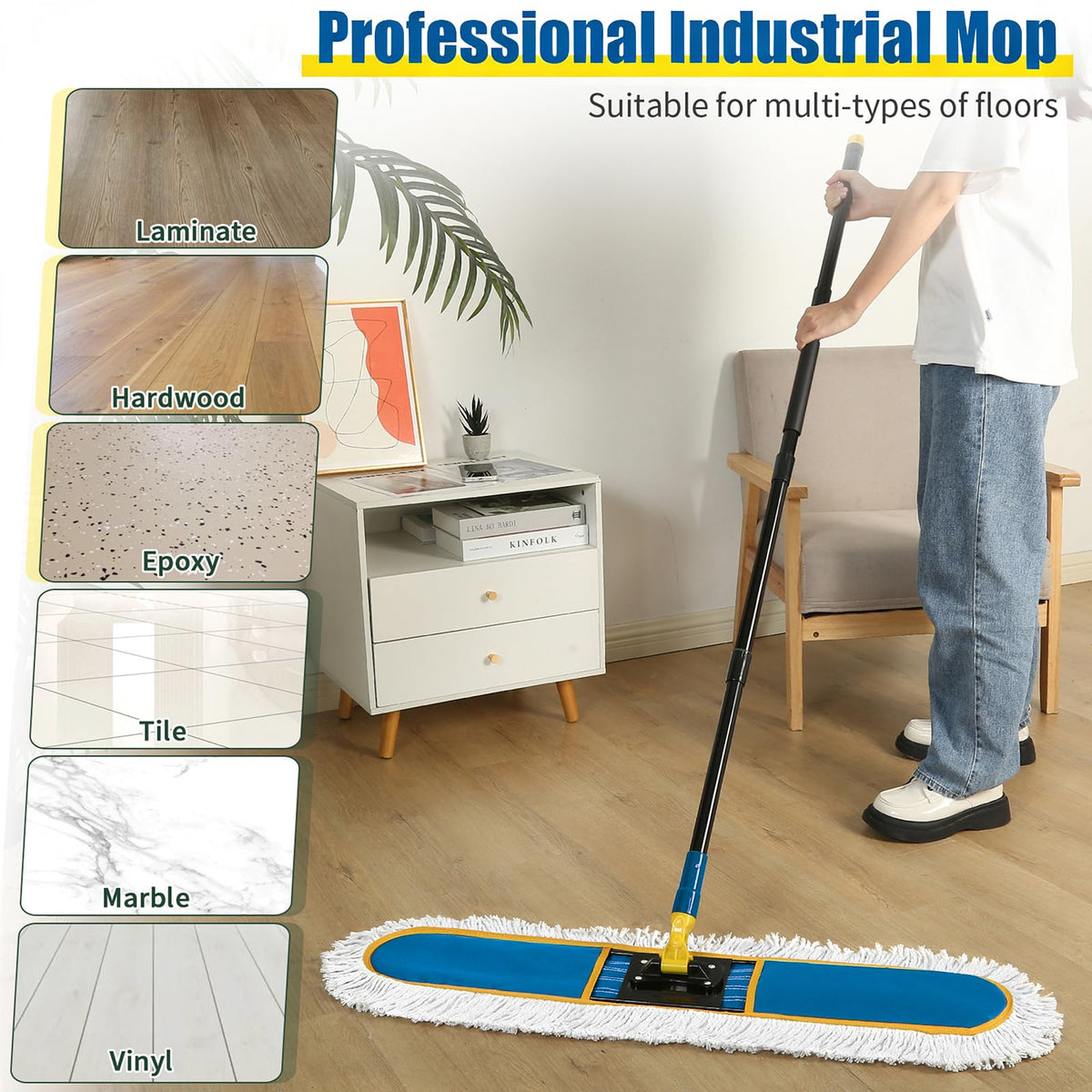 36" Commercial Dust Mop for Floor Cleaning with 2 Cotton Mop Pads (16 Ounce)