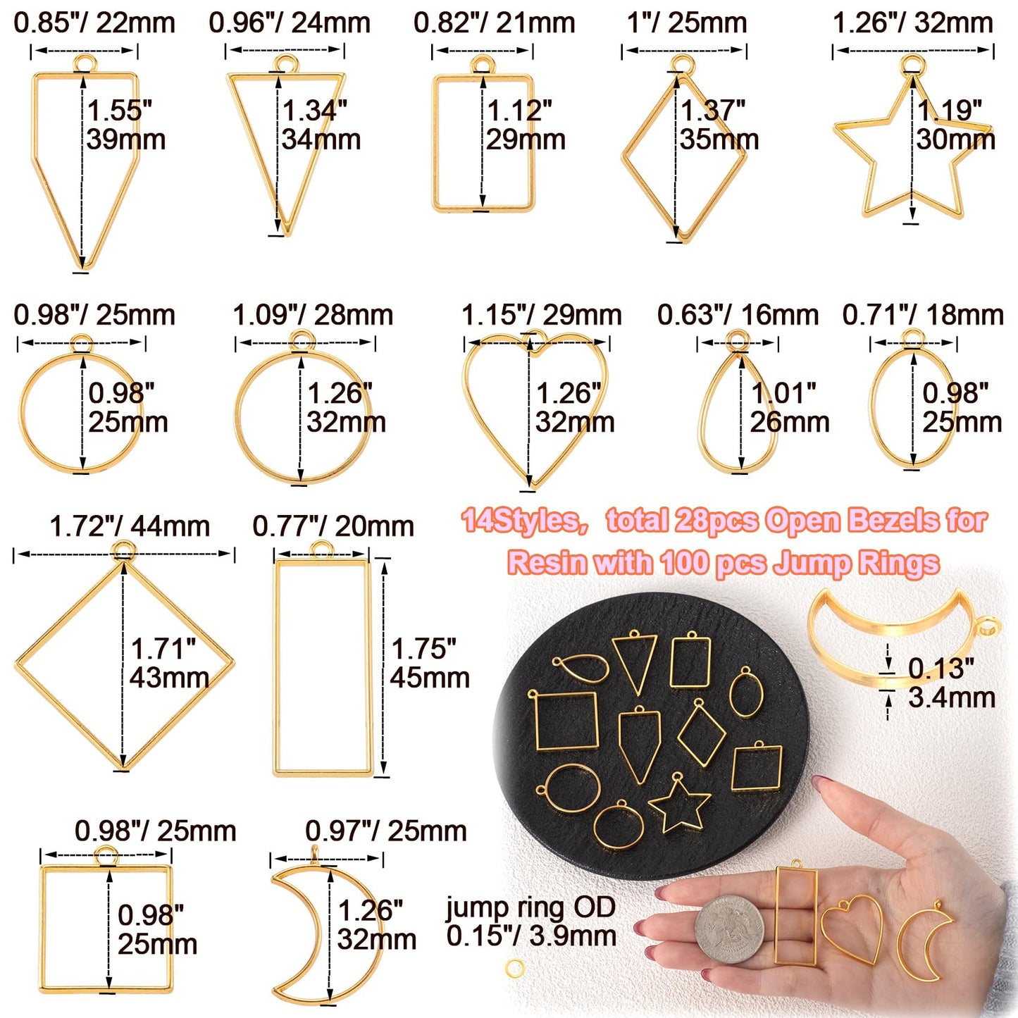 CustomyLife 28 pcs Open Bezels with 100pcs Jump Rings, 14 Styles Gold Heart Star Moon Hollow Frame Pendant Epoxy Mold Kit for Resin Casting, DIY Jewelry Making, Necklaces, Earrings Making Supplies