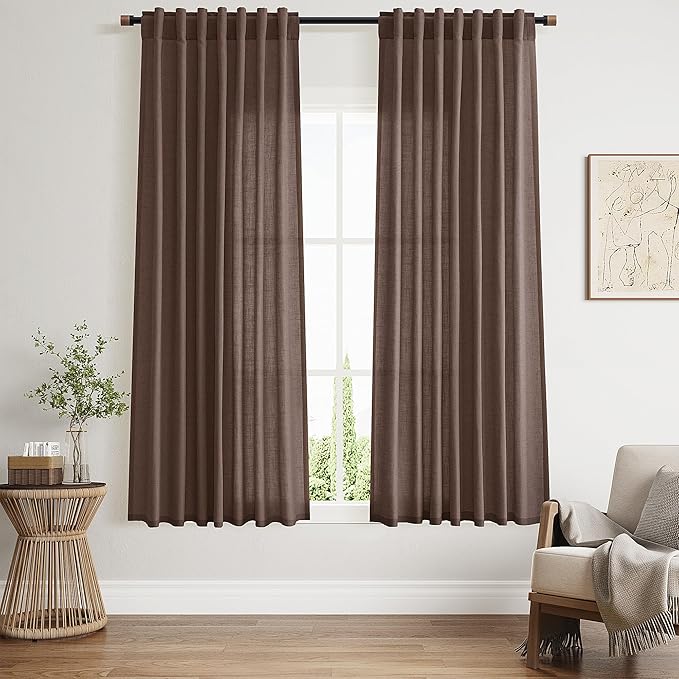Cappuccino Curtains 63 Inches Long 2 Panel Sets for Living Room Bedroom, Light Filtering Linen Drapes for Kitchen Windows Rod Pocket or Back Tab Curtain,Semi Sheer 52x63
