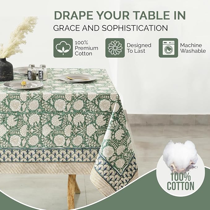 Labhanshi Indian Handblock Print Floral Cotton Rectangle 72x135 Inch 10-Seater Dining Tablecloth|Washable Spring St. Patrick Picnic Outdoor Camping Festive Easter Table Cover|Moss Green