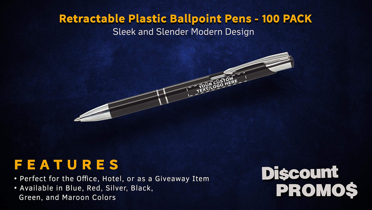 DISCOUNT PROMOS Personalized Retractable Plastic Ballpoint Pens - 100 pack - Plastic Pens - Customizable Text, Logo - Black