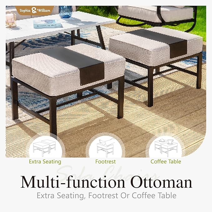 Sophia & William Patio Furniture Sets for 9 with 45" Gas Fire Pit Table Outdoor Conversation Sets 8 Pcs, 2xSofa Chairs, 2xSwivel Cushion Chairs, 1x3-Seat Sofa, 2xOttomans for Porch Poolside Beige