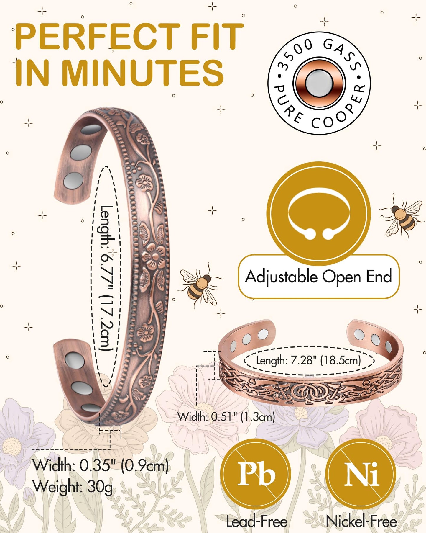 Feraco 11X Magentic Copper Bracelet for Women, 99.99% Pure Copper Cuff Bangles with Magnets, Adjustable Jewelry Gifts (Viking & Blossom)