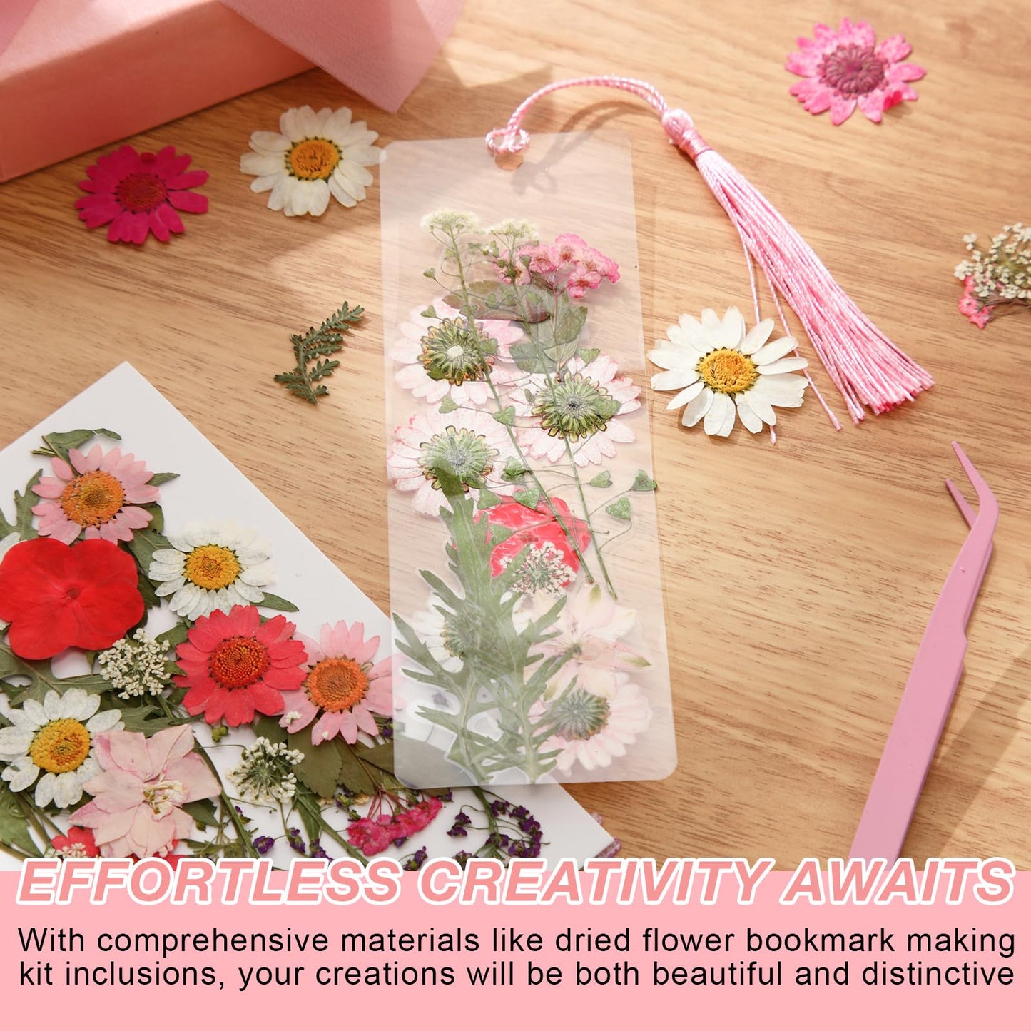 AmazingSpark 222 Pcs Dried Flower Bookmark Making Kit Include DIY Pressed Flower Colorful Tassels Ribbons and Transparent Bookmark Laminating Pouches 2 x 6 Inch(Pink)