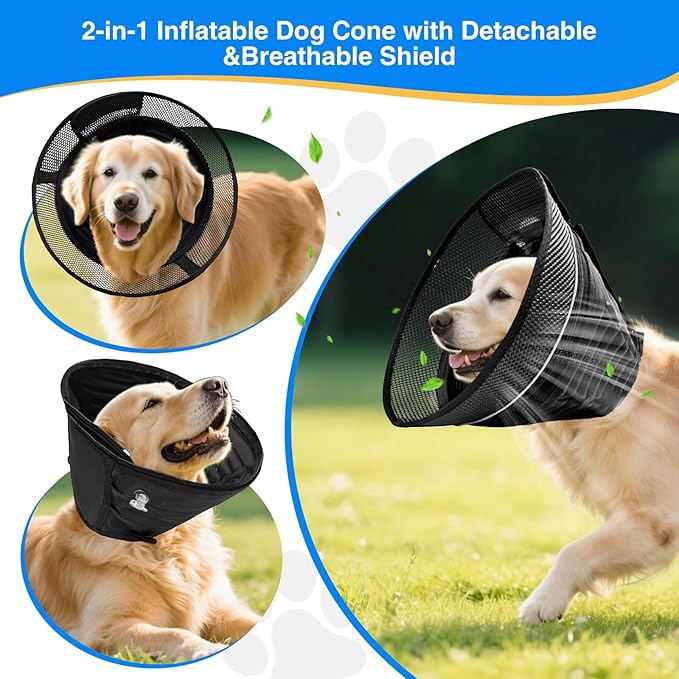 Inflatable Dog Cone for Dogs After Surgery,Soft Adjustable Elizabethan Collar for Large Dogs,2-in-1 Dog Cone (S)