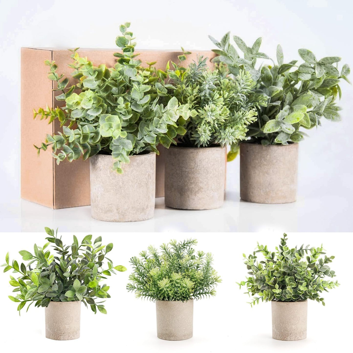 Der Rose 3 Pack Mini Potted Fake Plants Artificial Plastic Eucalyptus Plants Topiaries for Home Office Desk Farmhouse Shelf Room Bathroom Decor(Sage Green)