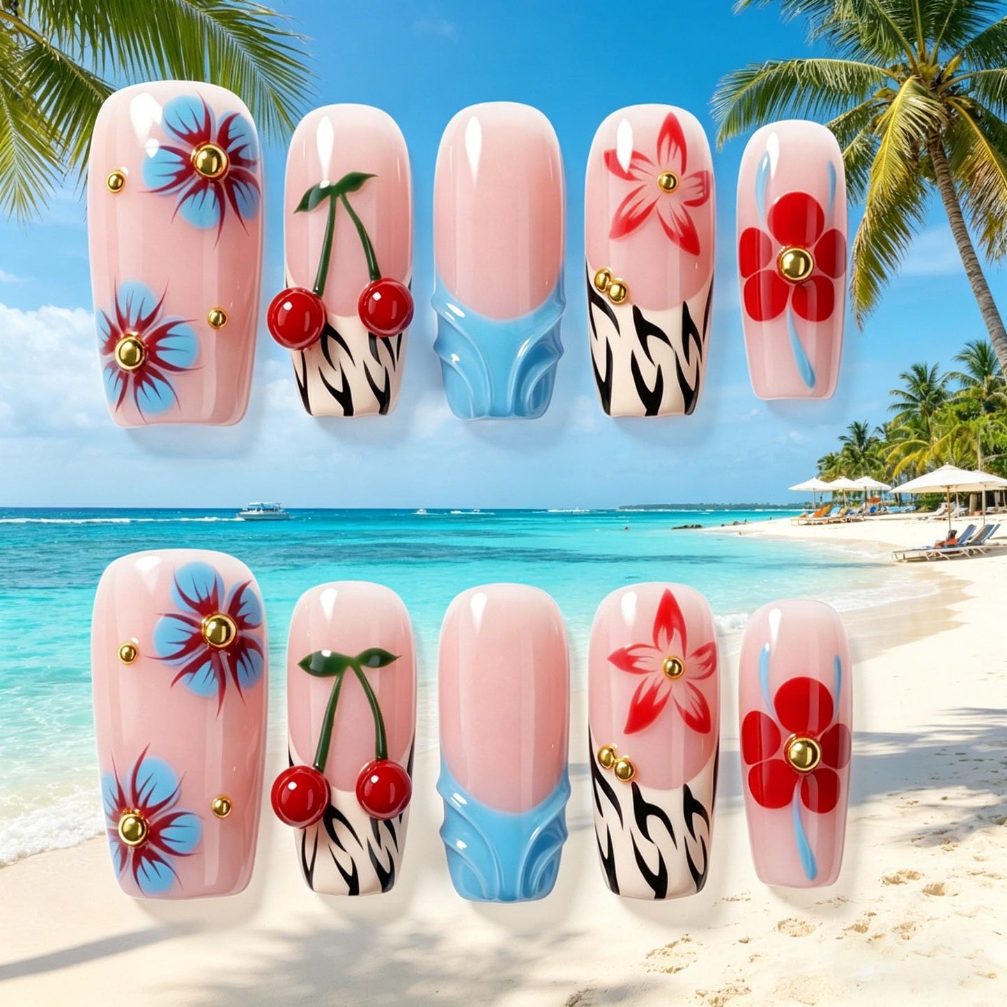 Handmade Press on Nails Square 3D Cute Glue on Nails for Women, Luxury Homemade Press on Nail Art Design, Fake Nails with 3D Nail Charms Size M 1