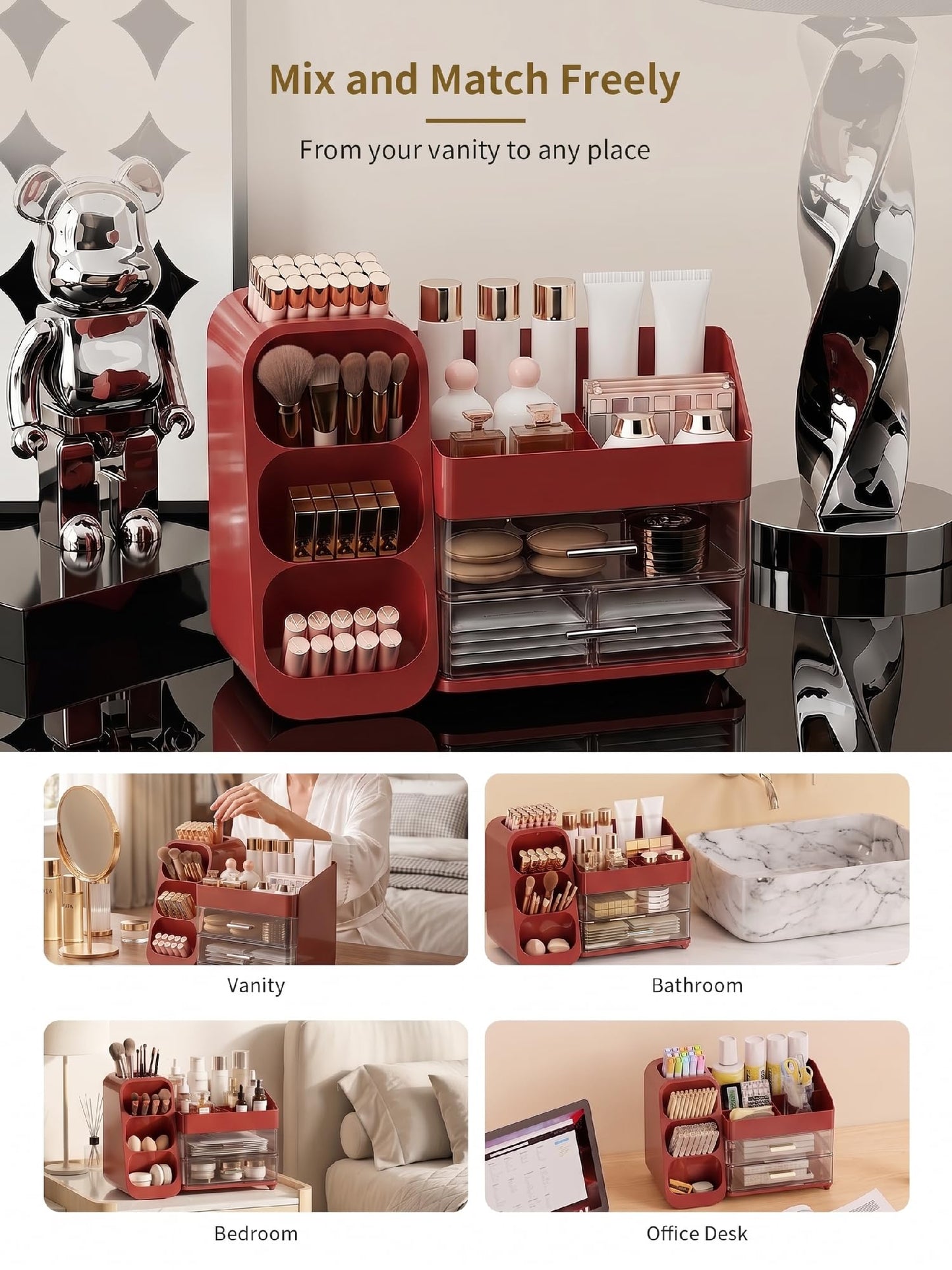 Booklov Makeup Organizer for Vanity, Large Capacity Cosmetic Display Case with Clear Acrylic Drawers, Countertop Beauty Storage Holder for Skincare, Brush Eyeshadow Lipstick, Counter Desk, Crystal Red