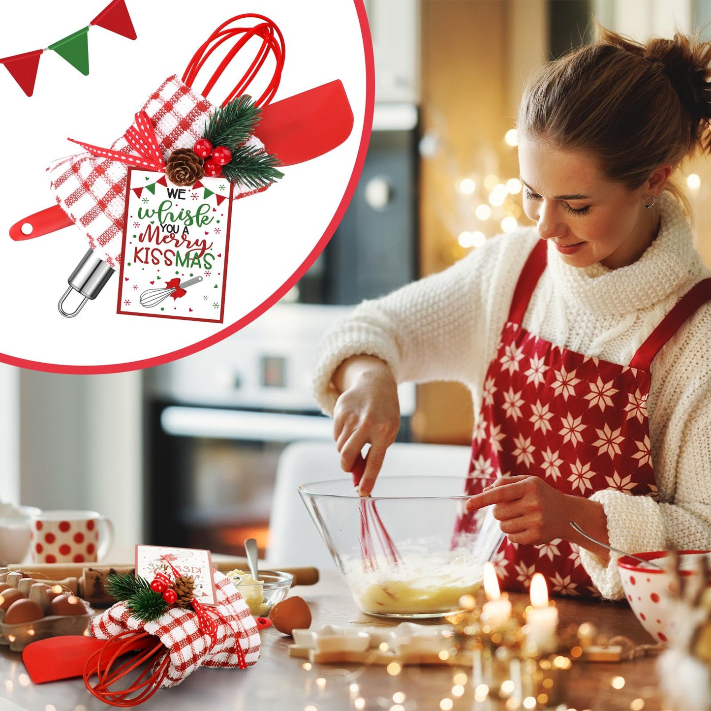 60pcs/12sets Christmas Whisk Spatula Baking Gift Sets Include Silicone Spatula Stainless Steel Whisk Greeting Card Pine Branch Plaid Towel Christmas Kitchen Utensils for Neighbor Cooking Essentials