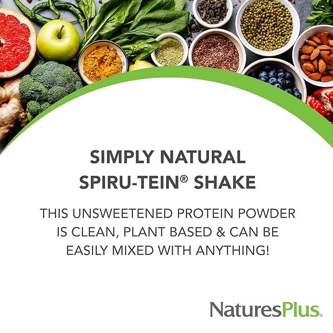NaturesPlus SPIRU-TEIN Simply Natural, Original Vanilla - 0.81 lb - Unsweetened Plant-Based Protein Shake - Non-GMO, Vegetarian, Gluten Free - 16 Total Servings